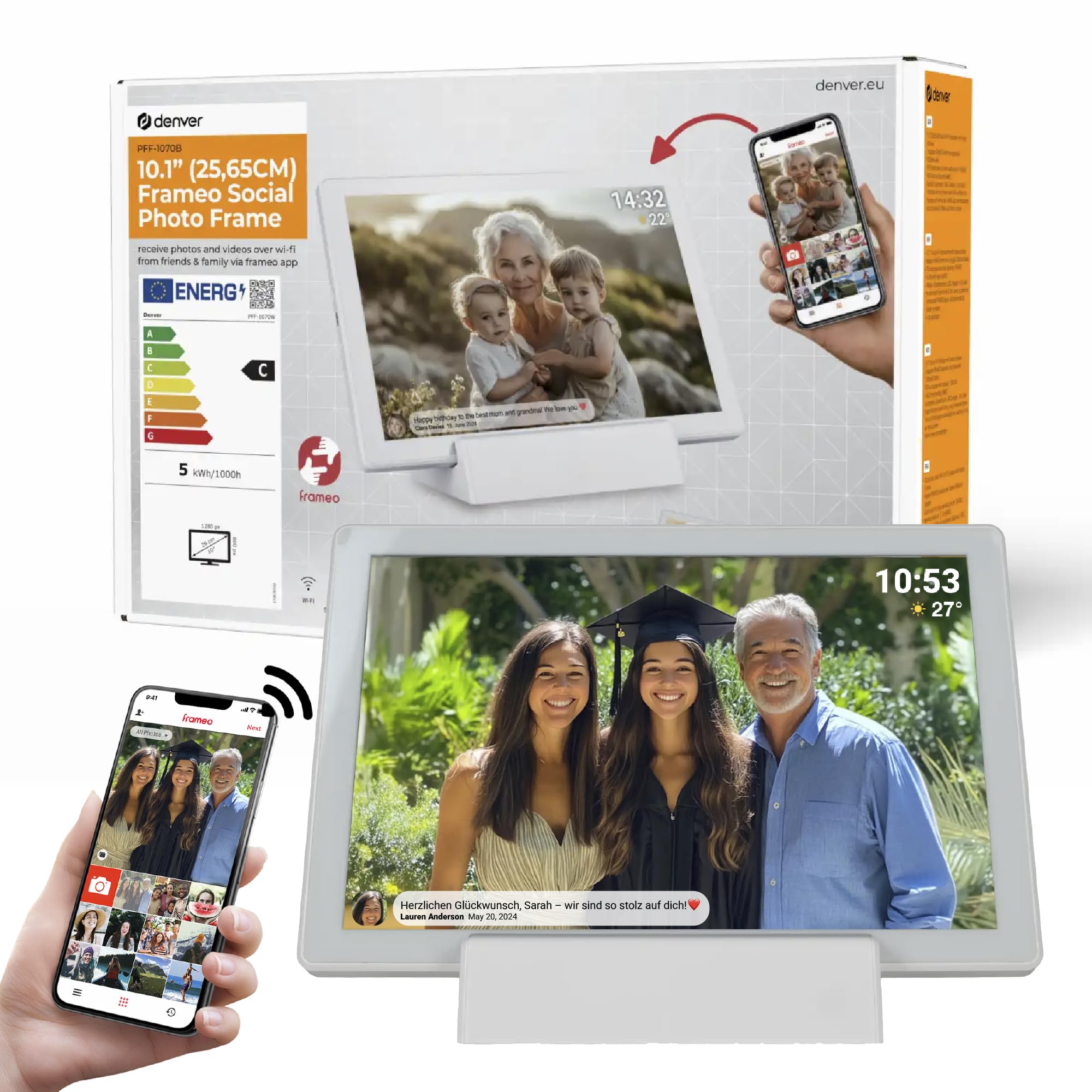 Denver PFF-1070B | 10.1 Zoll Digitaler Wi-Fi Bilderrahmen mit Akku | HD IPS Touchscreen | FRAMEO App & 16GB Speicher | Weiß