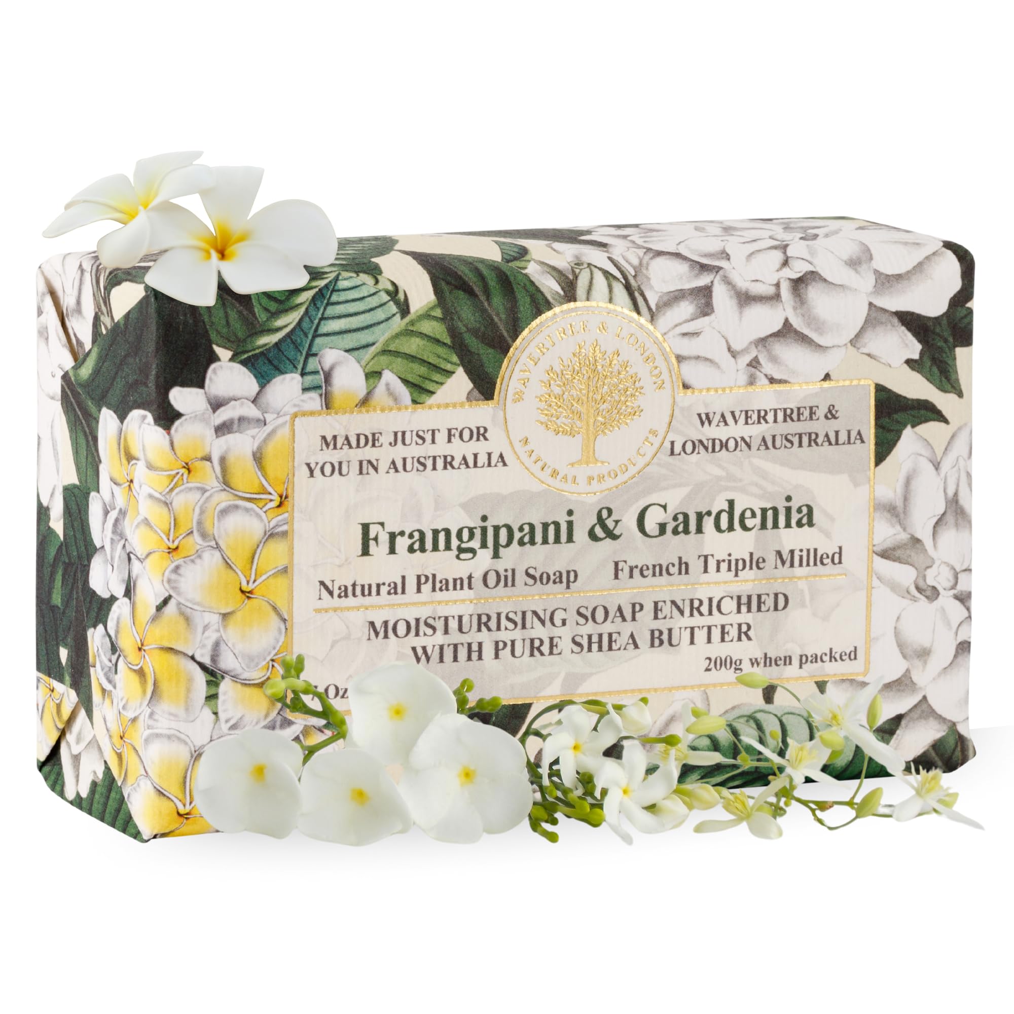 Wavertree & London Frangipani & Gardenia Scented Natural Soap Bar, 7oz Moisturizing French Triple Milled Soap Bar for Women & Men Enriched with Organic Shea Butter, Pure Bath & Body soap bar (1 Bar)