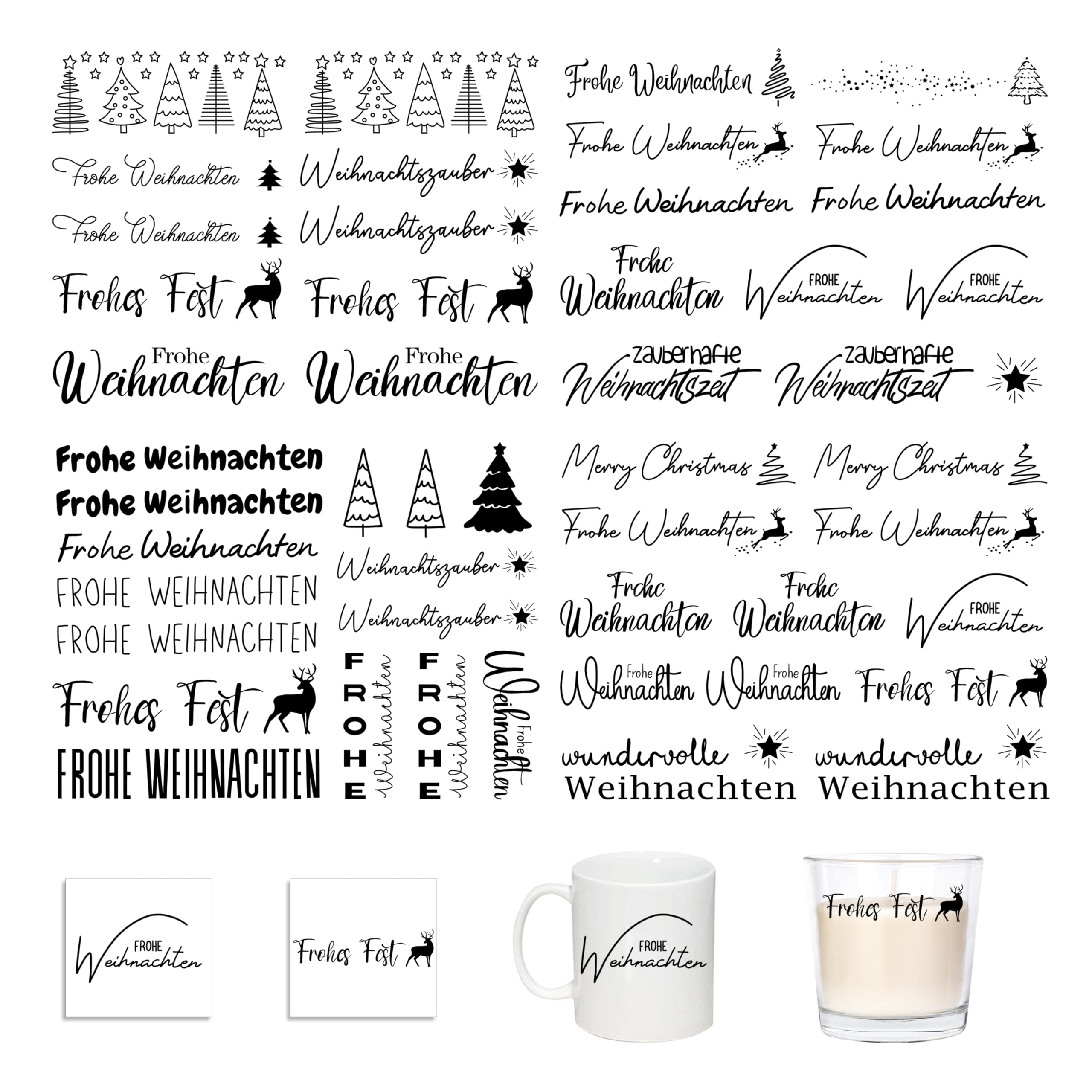 FloraVigo Easy Rub On Sticker, easy rub aufkleber ca.A5 19x14cm-Spruch Deko zum Geburtstag, Keraflott, Hochzeit, Zuhause, Wischfolie für Möbel, Glas, Holz(4PCS) (Frohe Weihnachten 2)