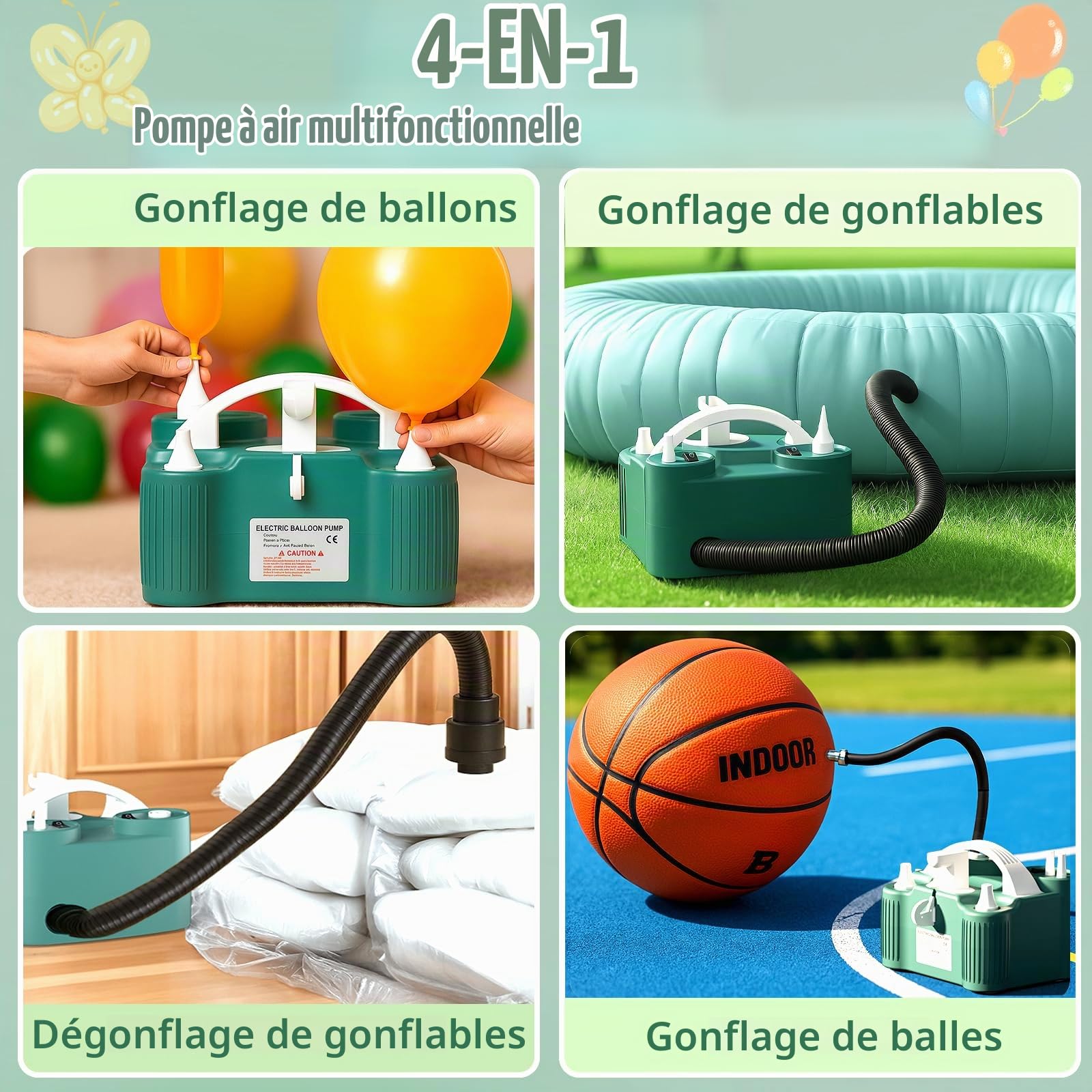 PlusFive Pompe à Ballons Électrique 4-en-1, Pompe à Air Multifonctionnelle à Double Moteur, Gonfleur Rapide & Dégonfleur pour Ballons Latex/Aluminium/260q,Balles Sportives,Matelas Gonflables,Piscines