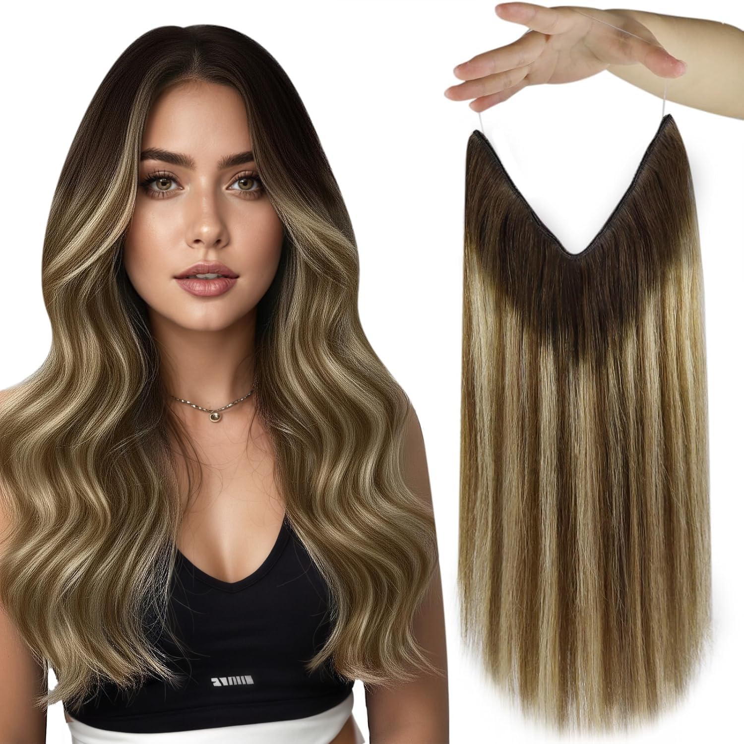 Fshine Wire Hair Extensions Human Hair 18 Inch 86G Balayage Dark Brown to Brown Mix Honey Blonde Secret Hairpiece One Piece Clip in Soft Hair for