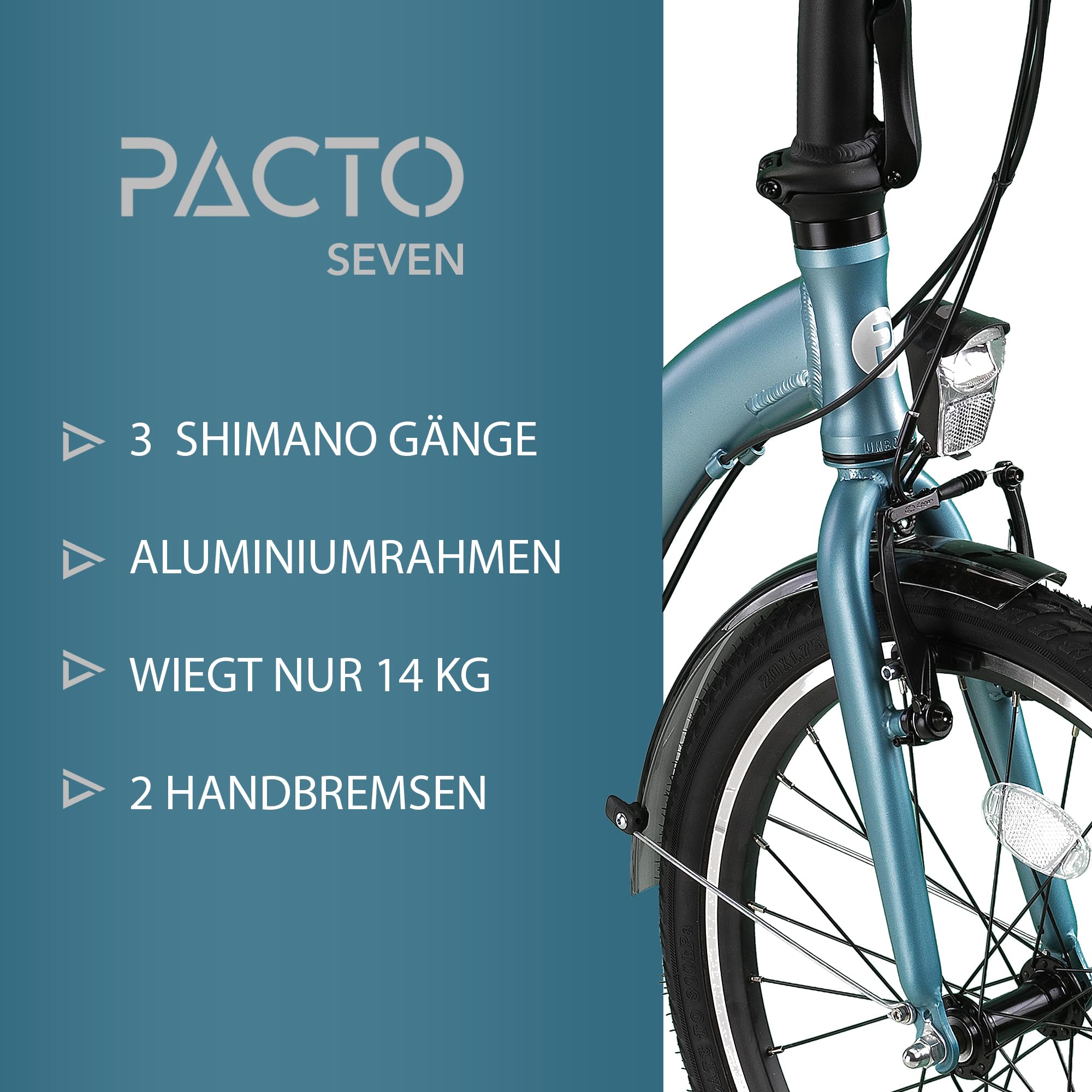 PACTO Seven Klapprad 20 Zoll mit Schnelles Faltsystem (10 Sek), Aluminiumrahmen, Leichtgewicht (14KG), Shimano 3 Gänge, 2 Handbremsen und LED-Licht