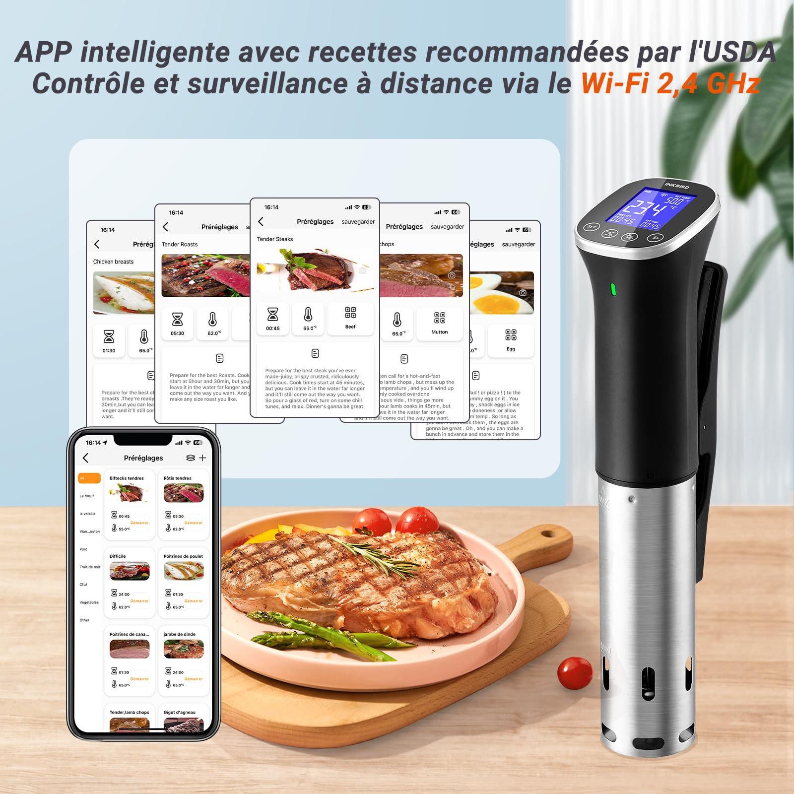 INKBIRD Wifi Thermoplongeur Cuisson Sous Vide, WLAN Sous Vide Cuiseur, 0-90 ℃ Cuisson Basse Température et Minuterie | ±0,1°C Température Précise, Recettes APP, LCD, 1000W, IPX7 Imperméable, ISV-300W