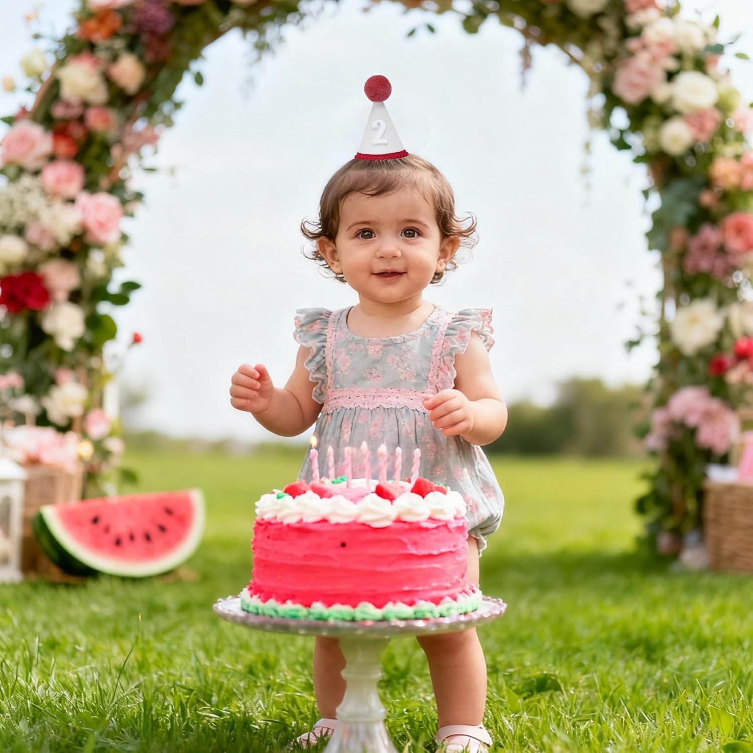 2nd Birthday Party Hat, White with Red Pom Pom and Trim, Glitter Number 2 - Image 6