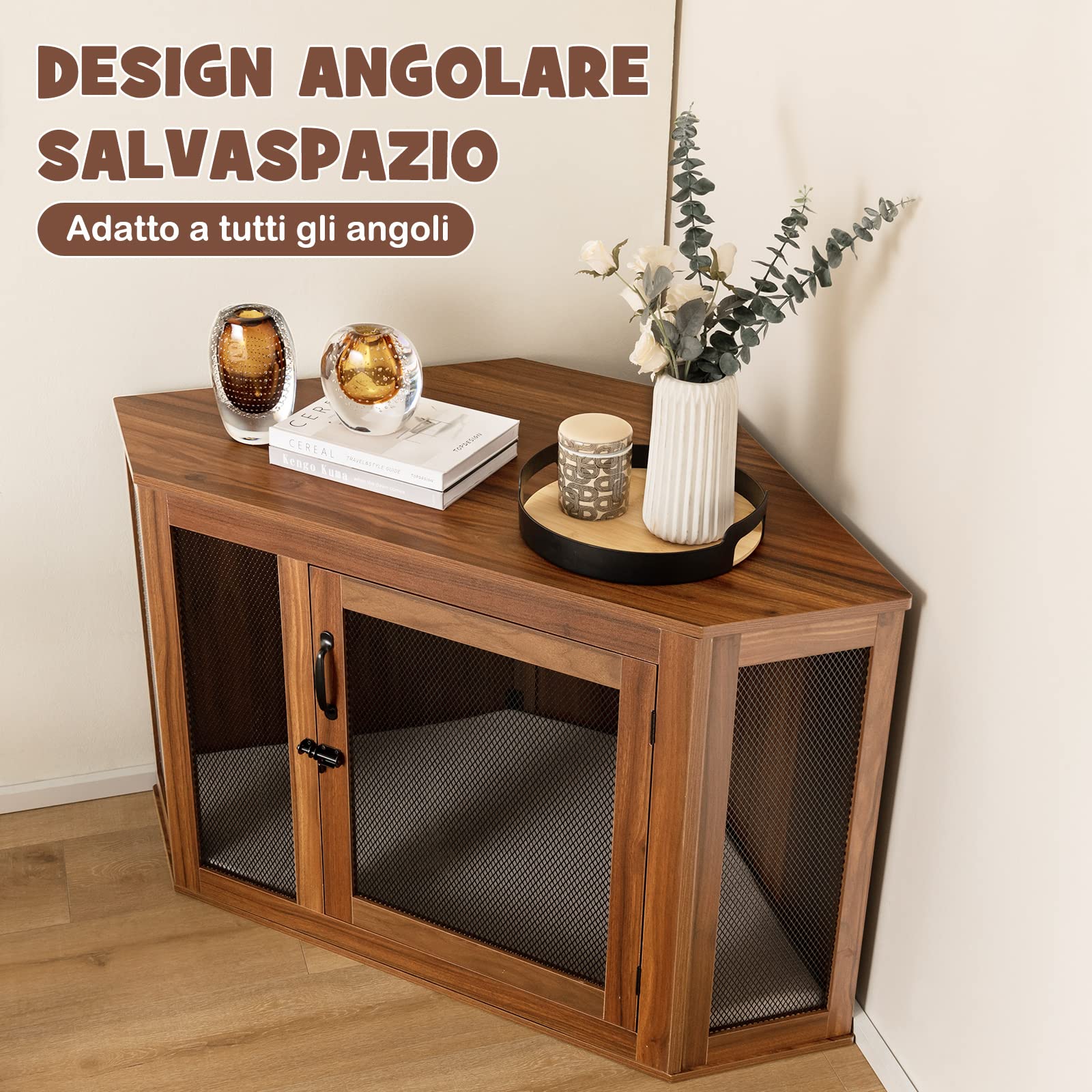 GYMAX Gabbia per Animali Domestici, Cuccia d'Angolo per Cani e Gatti con Cuscino e Porta Bloccabile, Mobile Gabbia per Animali 2-in-1, per Casa, Appartamento, Negozio di Animali