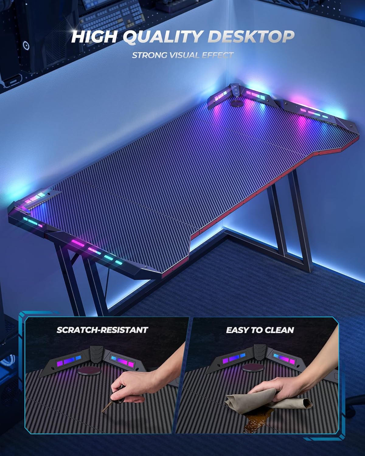 CubiCubi 47 Inch Ergonomic Gaming Desk, Z Shaped Table with LED Light, Carbon Fiber Surface Computer Desk, Black - Image 6