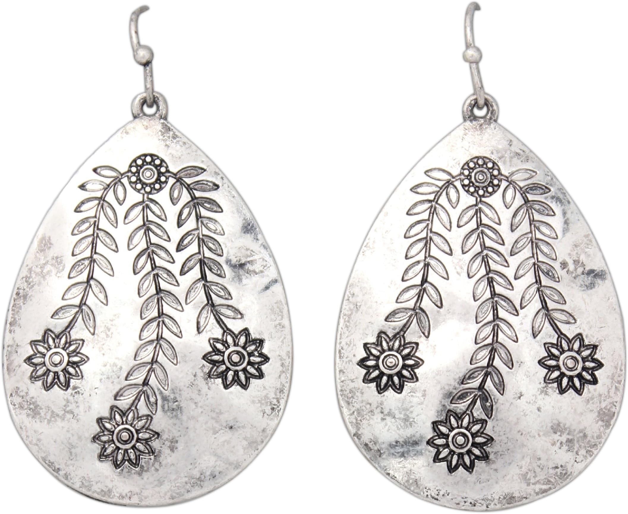 Rain Jewelry 1.5" Floral Etched Silver Plated Metal Teardrop French Wire Earrings