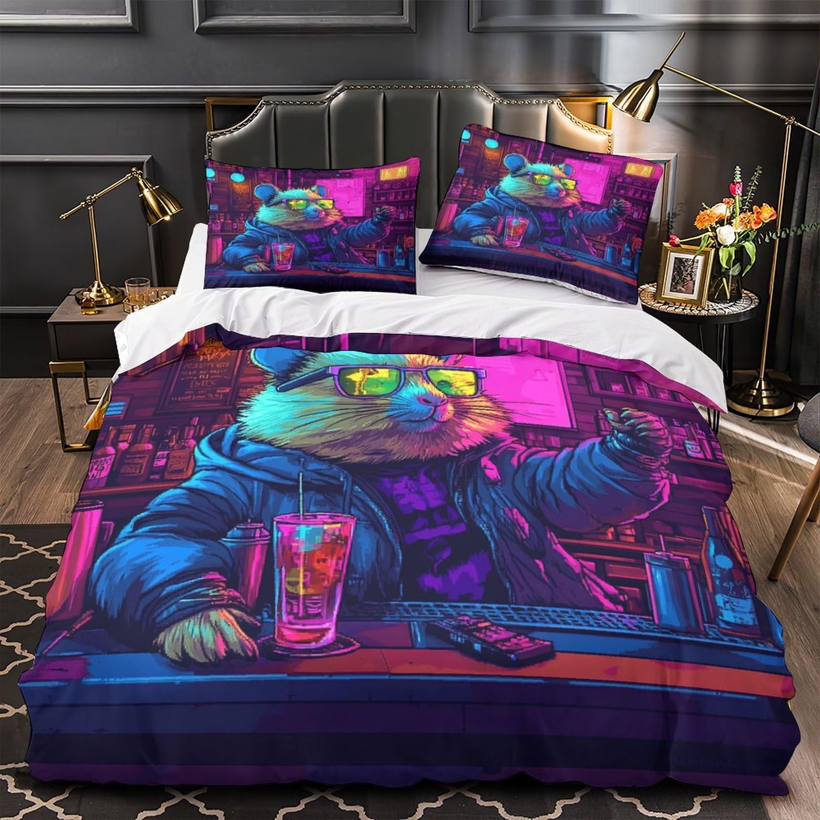 Housse de couette cyberpunk 200x200 avec 2 taies d'oreiller décor néon