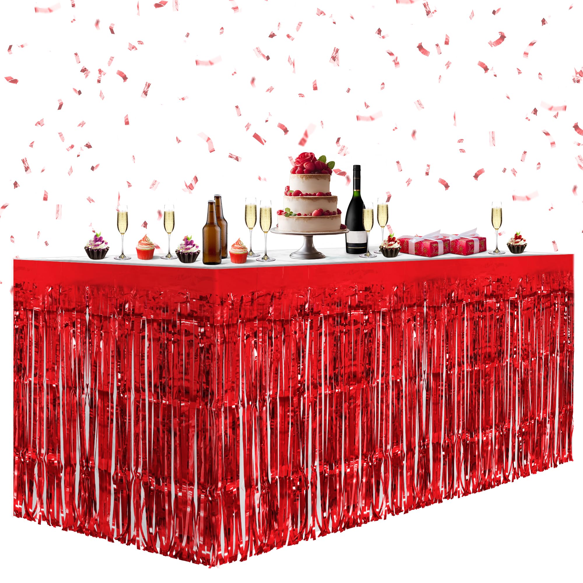 Photo 1 of 2 Pack Red Table Skirts, 29x108" Metallic Foil Tinsel Fringe Table Skirts for Rectangle Tables Streamer Curtains Backdrop, Party Decorations for Birthdays Weddings Holidays