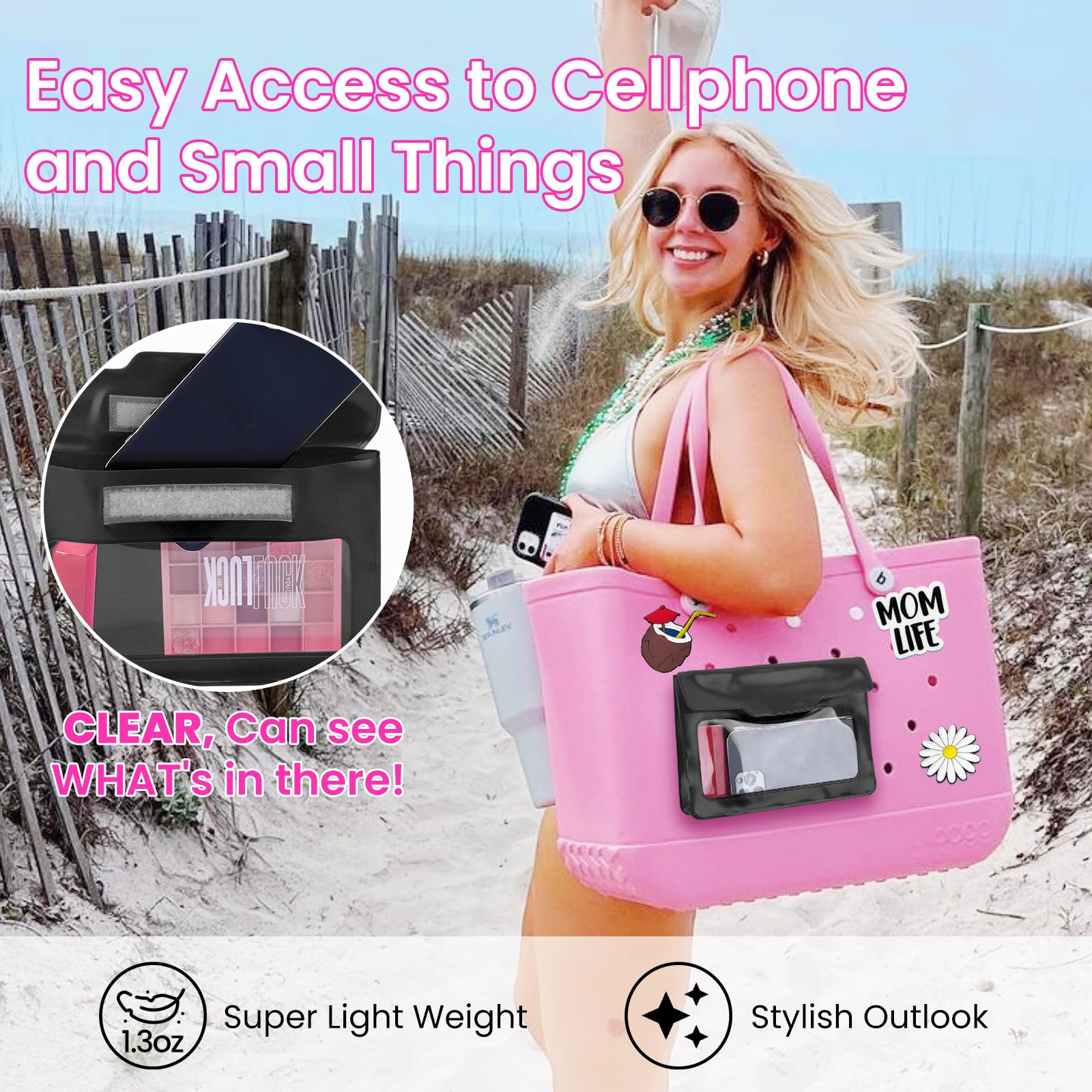 Phone Holder for Bogg Bag, Pouch for Bogg Bag Accessories, PVC Clear Cell Phone Case Holder with Magic Sticker Strap, Beach Tote Organizer, Compatible with All Beach Tote (Black)