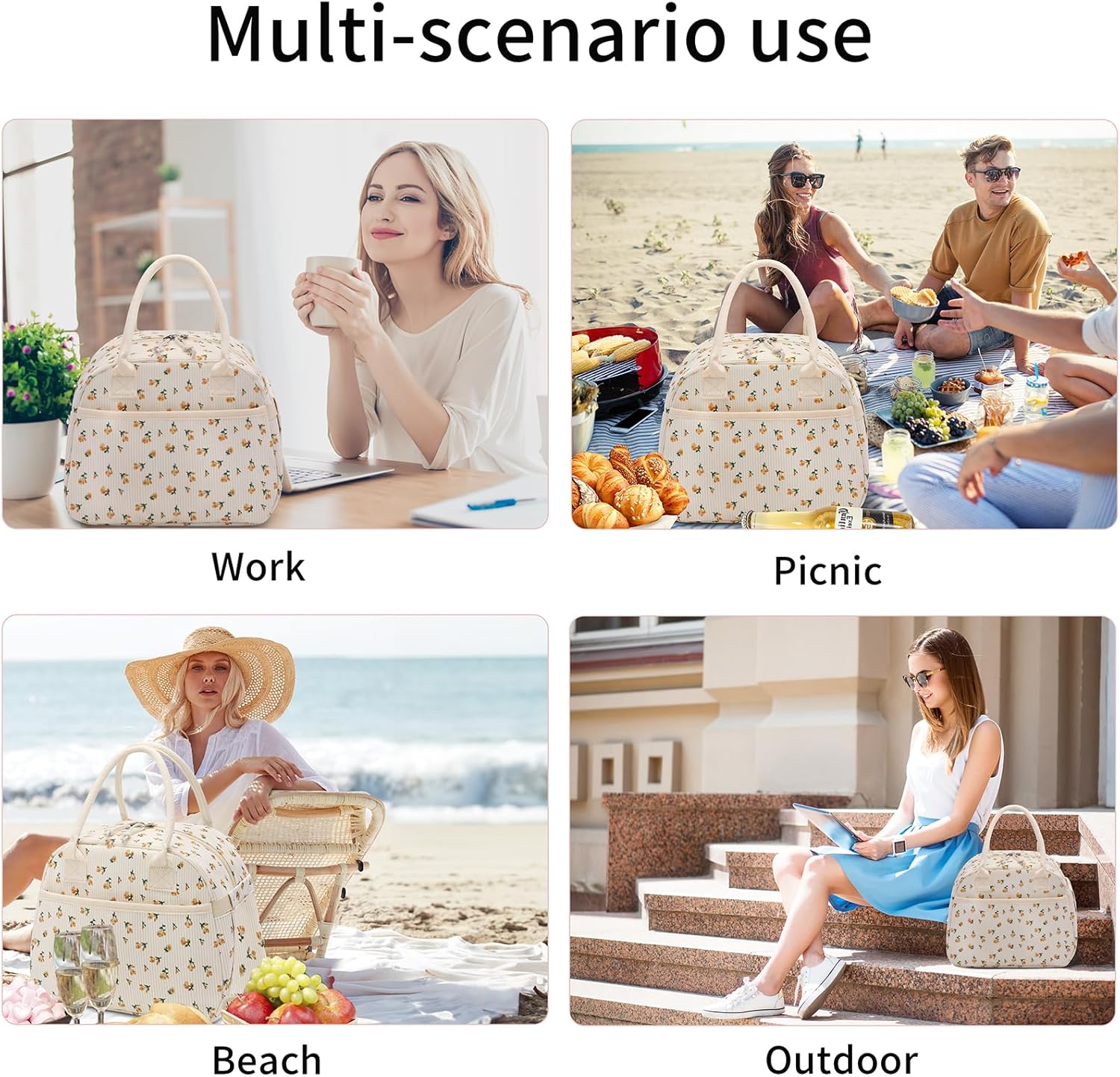 Lunch Box for Women, Insulated Lunch Bag Cute Corduroy Lunchbag Reusable Lunchbox for Work (flower yellow) - Image 2