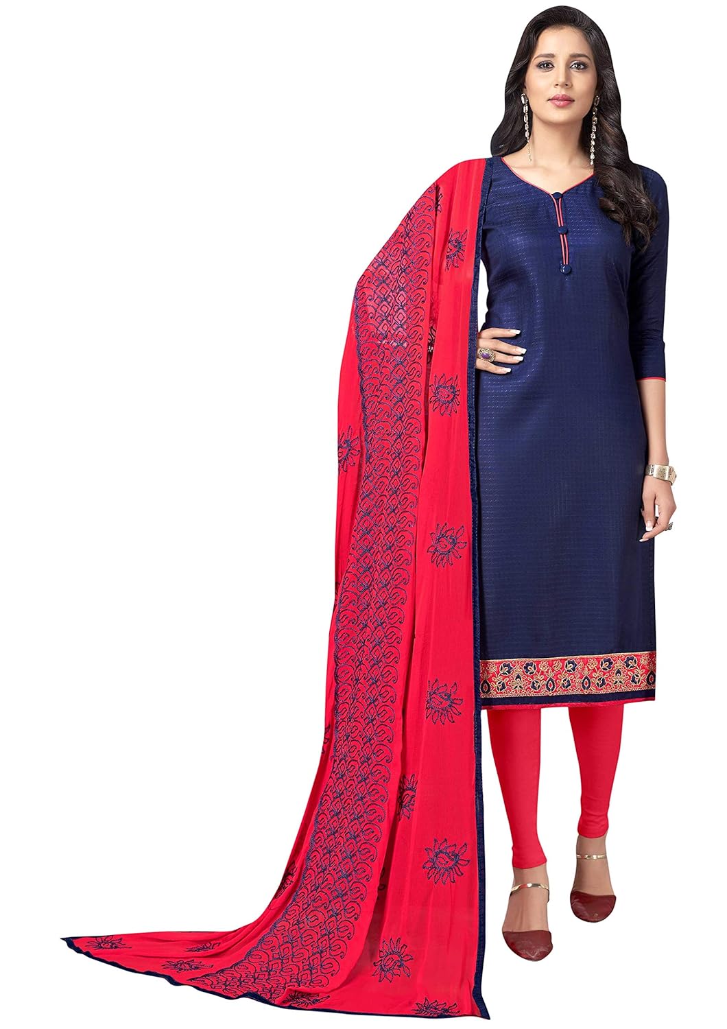 Buy MANVAA Women's Cotton Dress Material (GNGRFLR22002_Blue_Freesize