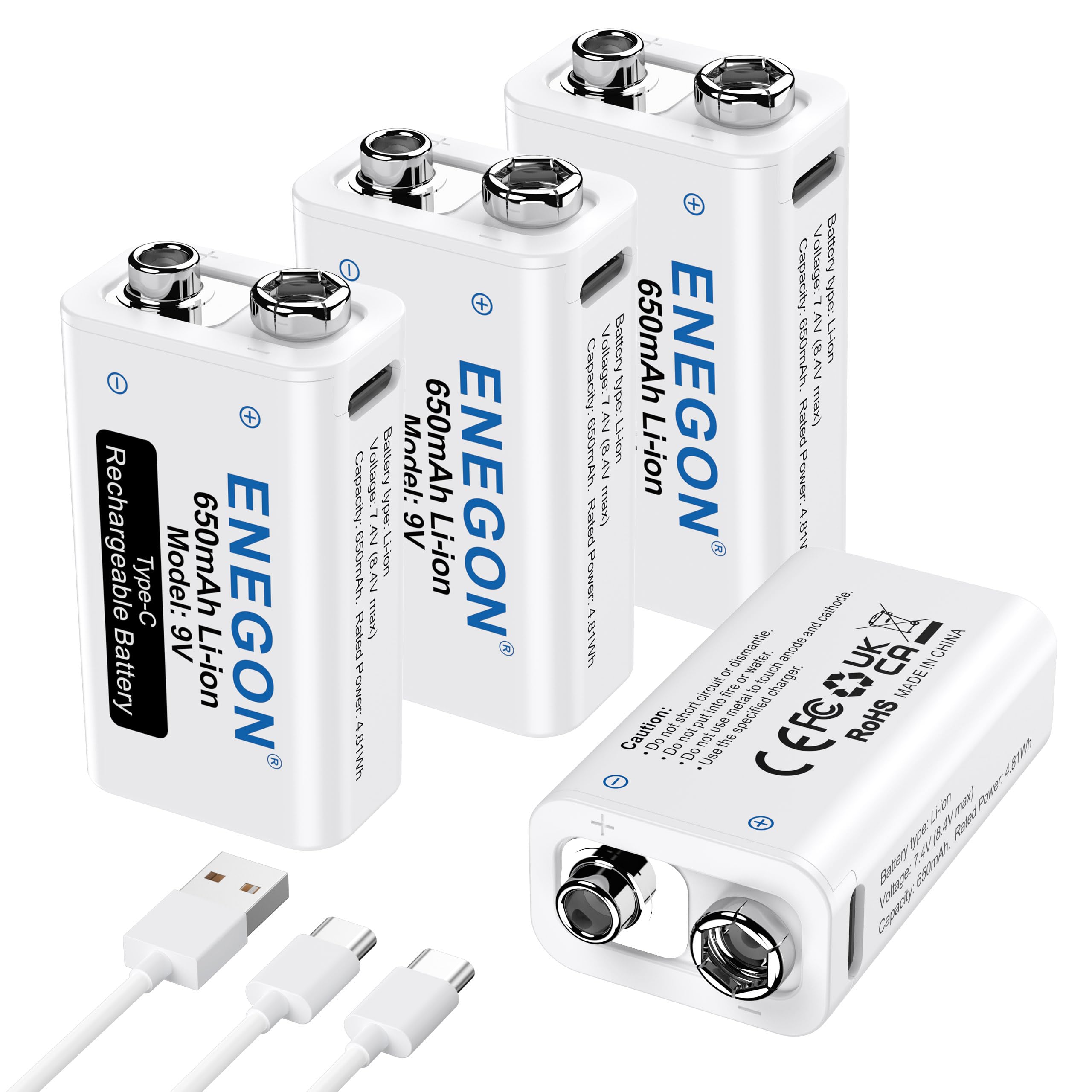 Amazon | ENEGON 9V 充電式 電池（650mAh 4個）＋2in1 Type-C 充電 