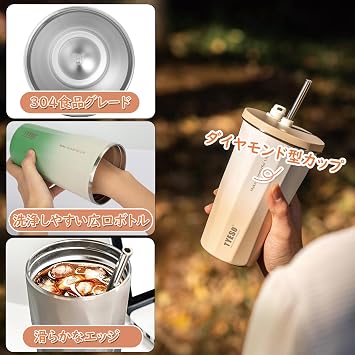 TYESO Tumbler with Straw, Stainless Steel, Wide Mouth, Vacuum Insulated, Home Office Outdoor, Multi-Color, Keeps Hot and Cold, with Lid, 600ml, Large Capacity, for Girls and Boys