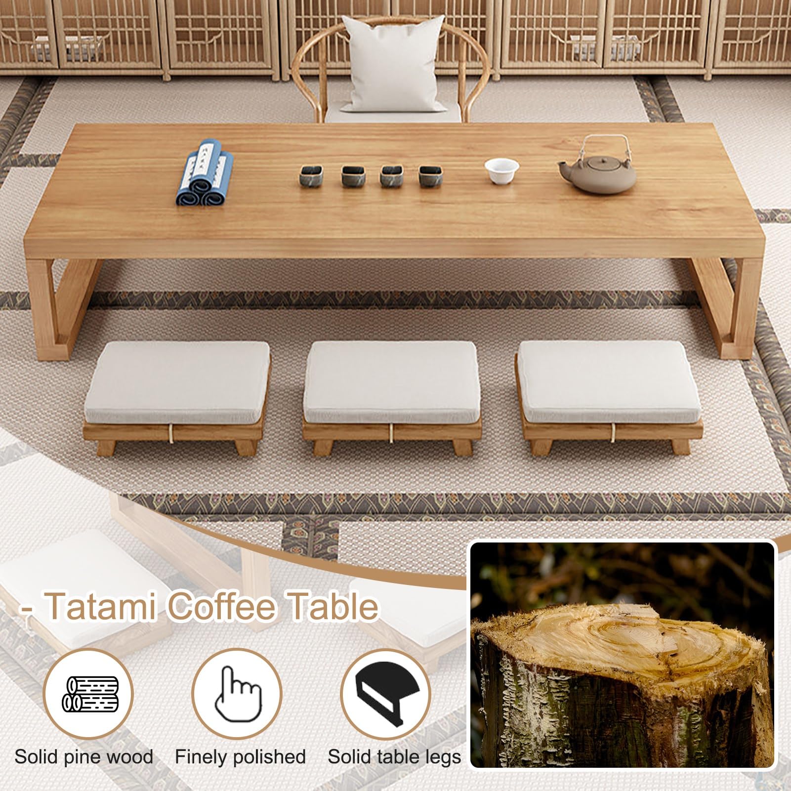 Tavolino Tatami Vintage in Legno Solido - Tavolino da pavimento giapponese, basso in legno massello per appartamento, soggiorno, sala da pranzo, tè, Tatami (120 * 60 * 35 cm/47,5 * 24 * 14 pollici)