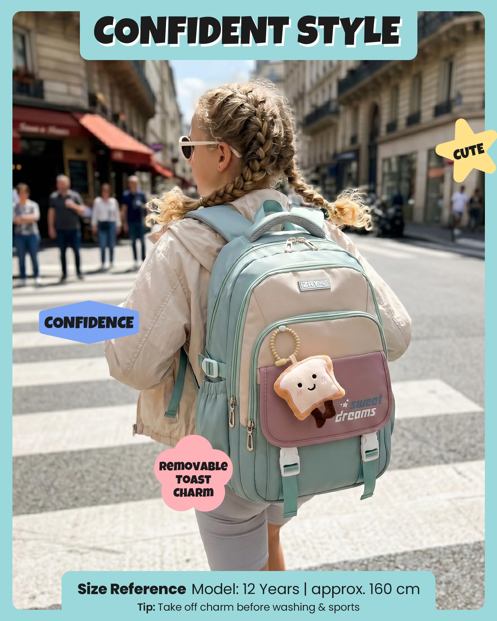 Amythe Mochilas Escolares de Niña Adolescente - Mochila Colegio Chicas 10 12 16 18 años - Mochila Grande para portátil con Bonito Colgante - Mochila de Viaje Casual Ligera e Impermeable -Verde
