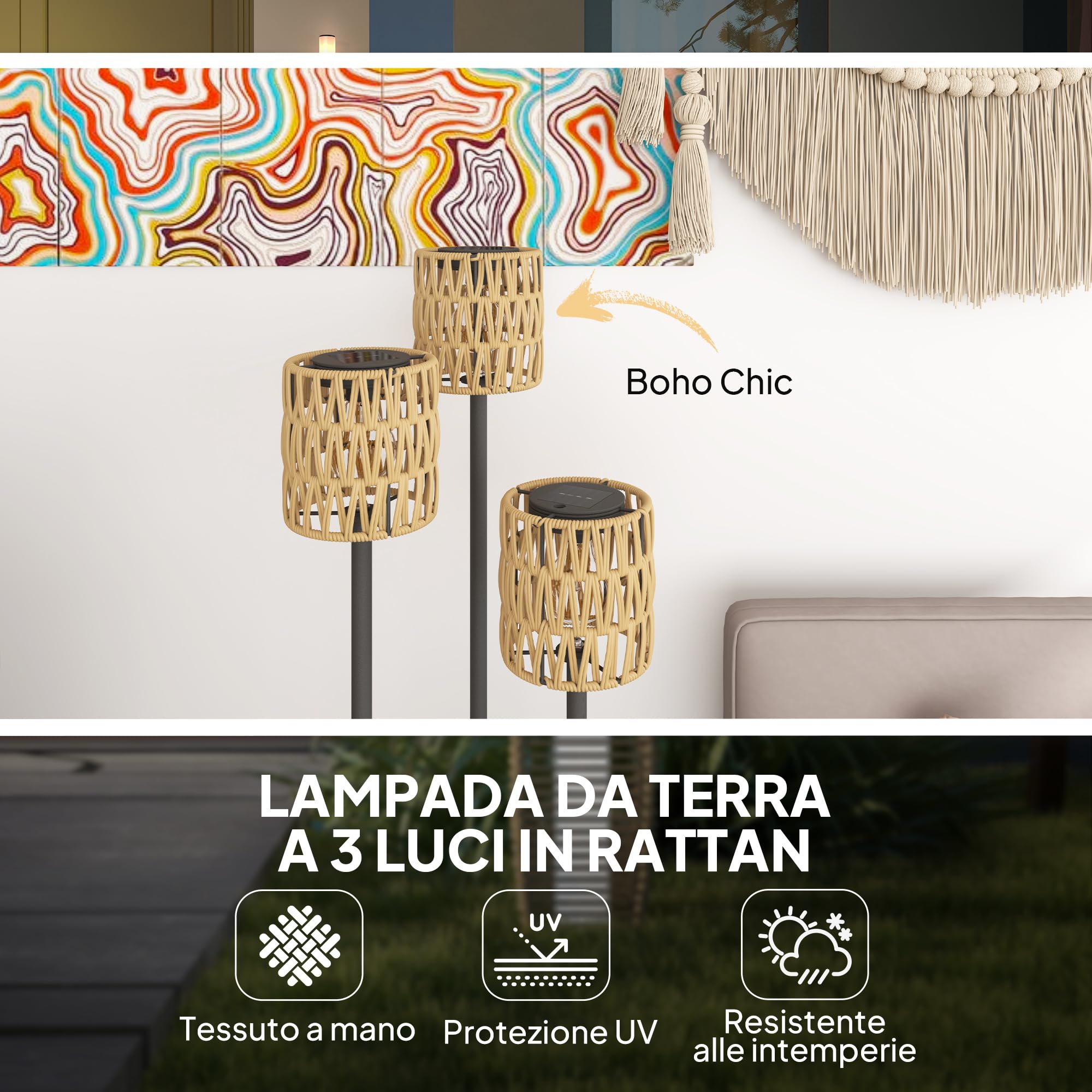 Outsunny Lampada da Terra Solare a 3 Luci Stile Boho con Base Rotonda e Ripiano Centrale, Lampada da Esterno Salotto in Rattan PE e Acciaio, IP44, per Camera da Letto Soggiorno, Nero e Giallo