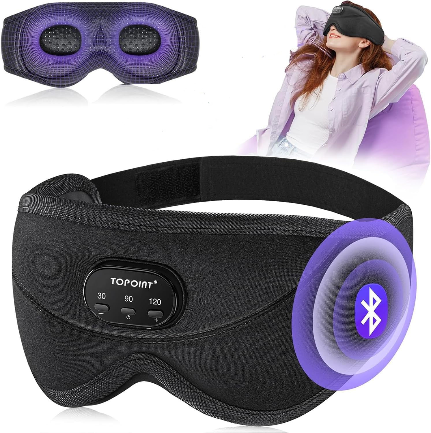 TOPOINT Sleep Mask with Bluetooth Headphones, 3D Eye Mask for Sleep Headphones with White Noise, Total Blackout, 5.4 Bluetooth, Timer, 14 Hours for Women Men, Travel, Meditation, Nap