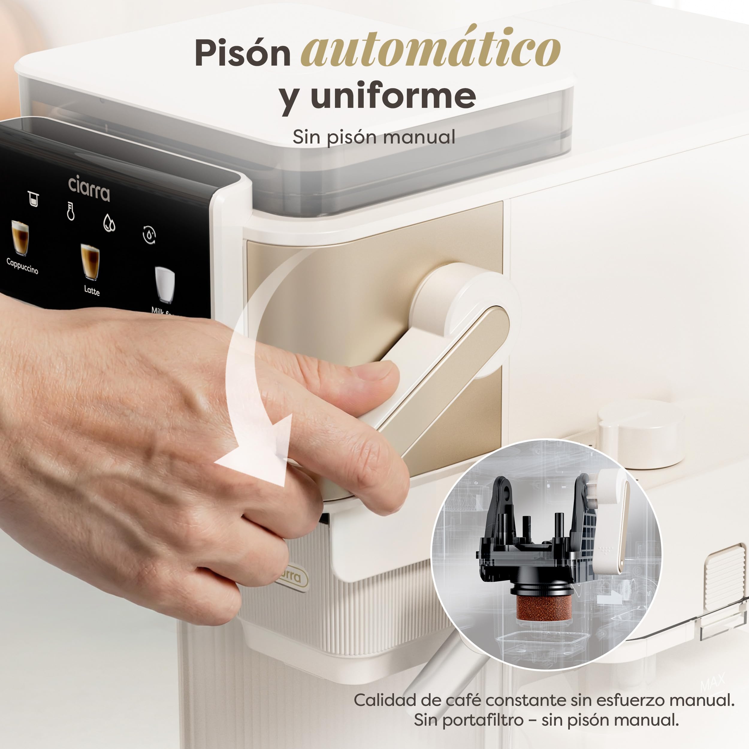 CIARRA CBSACM-D6 Cafetera Espresso con Molinillo y Espumador 15 Bares | Semiautomática para Cappuccino y Latte, Depósito de Granos 80 g PID Control de Temperatura Depósito 1.0L