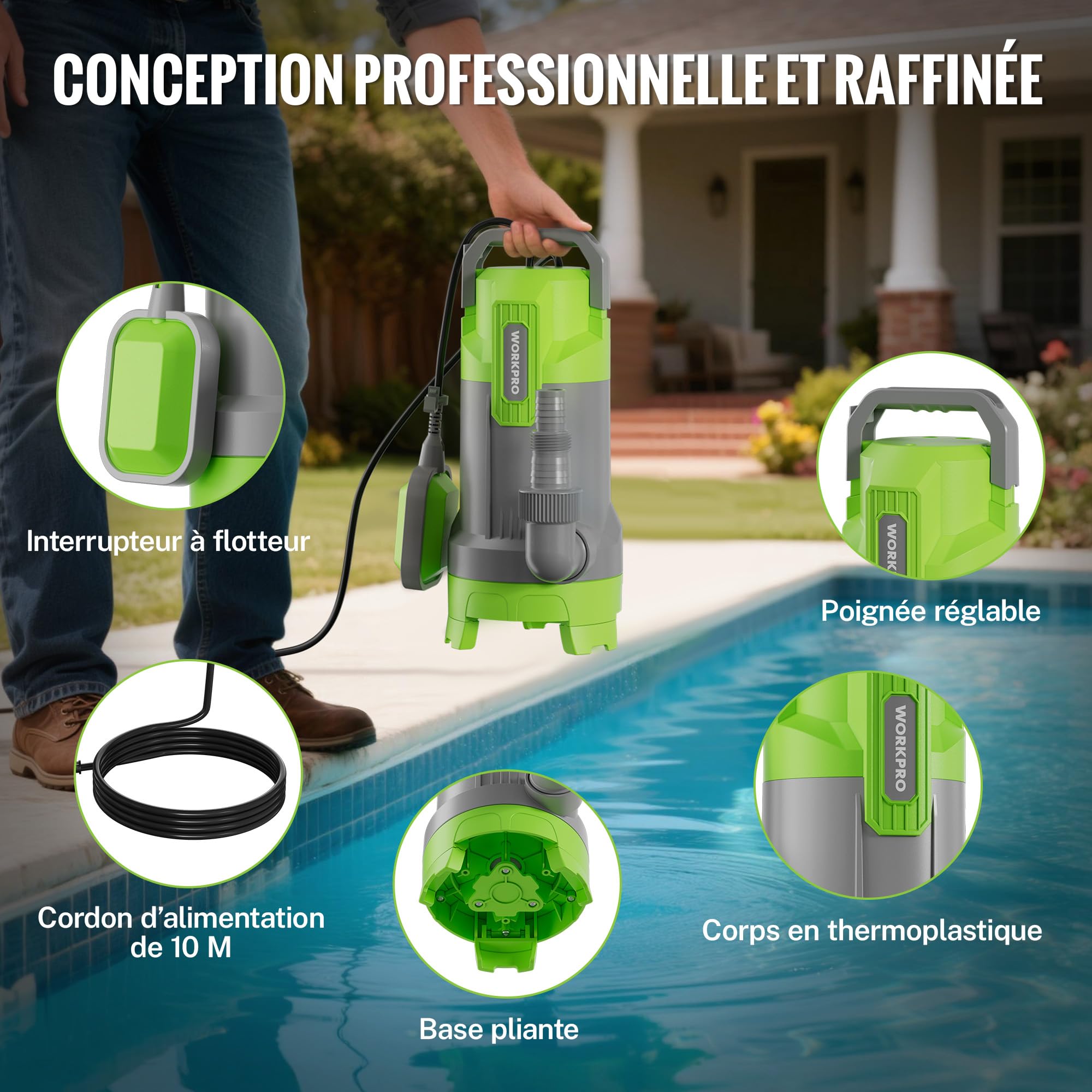 WORKPRO Pompe de Relevage Submersible 700 W 17000 L/H, Pompe Vide Cave avec Flotteur Automatique, Pompe d’Évacuation Eaux Propres/Chargées, Hauteur de Refoulement 10 m pour Piscine, Bassin et Jardin