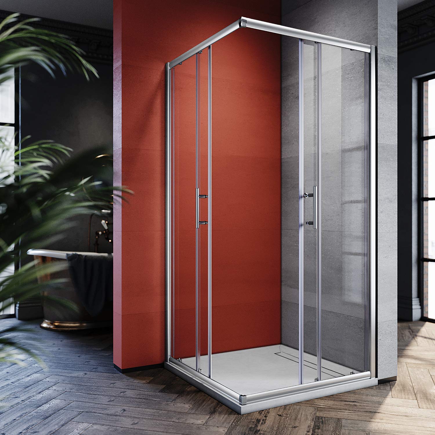 SONNI Mamparas de Ducha Rectangular 90x90cm con 2 Hojas Fijas y 2 Hojas Correderas Vidrio Templado 5mm Perfil Aluminio