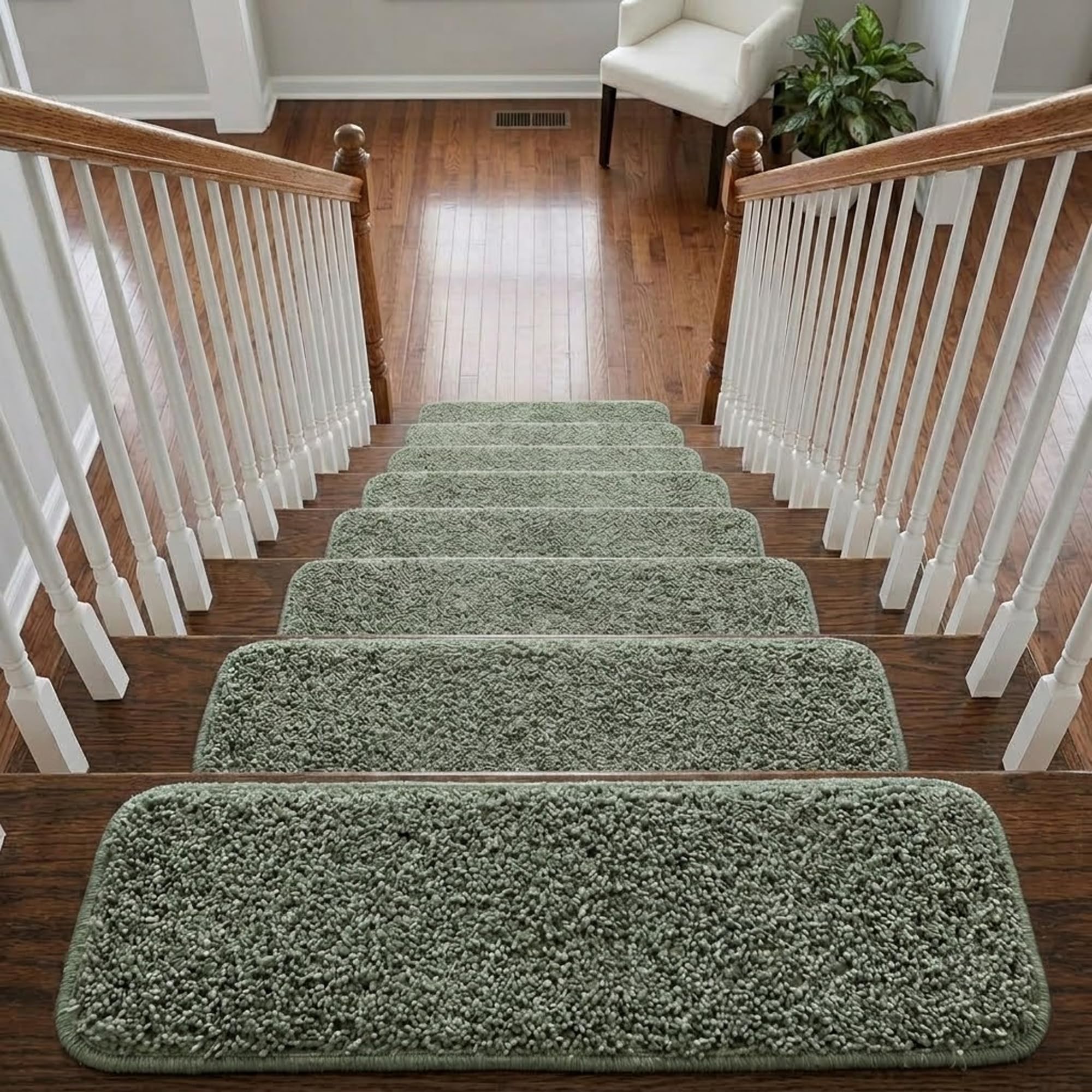 Soft Shaggy Stair Treads Non Slip Machine Washable Carpet Mats 22x67cm 30mm Thick Plush Stair Rugs for Wooden Stairs Indoor Anti Slip Step Mats Safe for Kids Pets and 100% Increased Yarn (Green, 13)