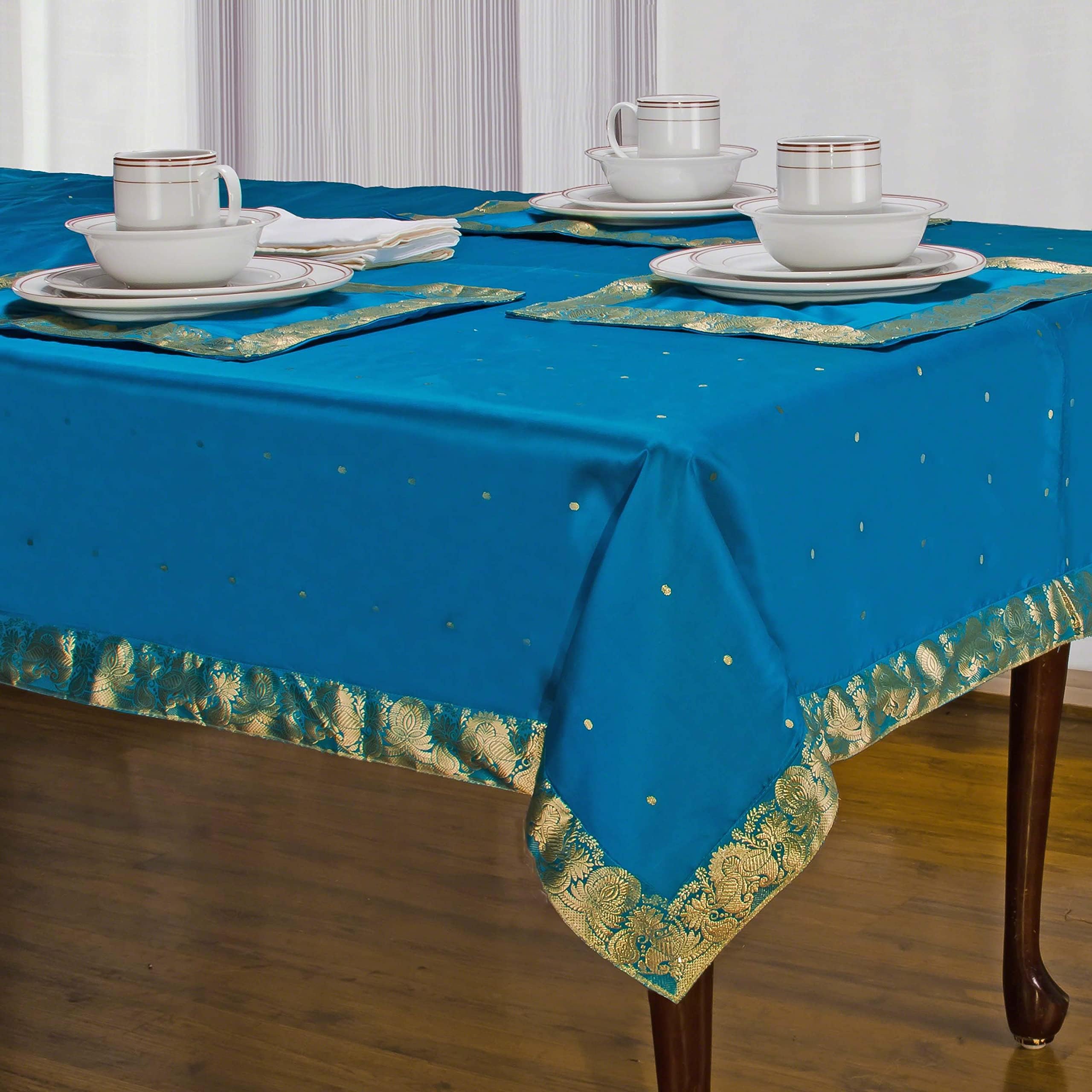 Turquoise - Handmade Sari Square Tablecloth (India) - 52" X 52"