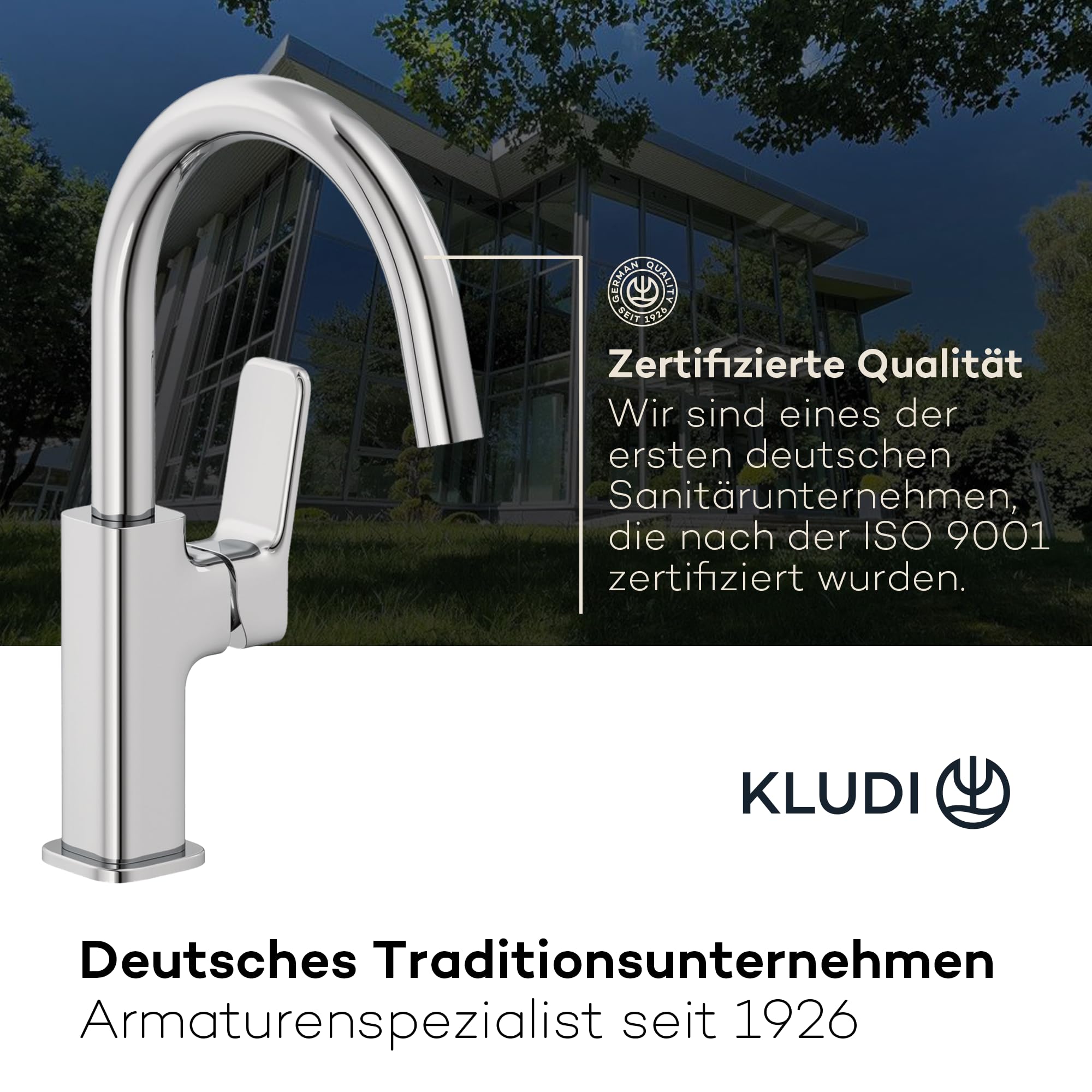 KLUDI-X3 Wasserhahn Bad mit Push-Open Ablaufgarnitur, 360° schwenkbar, Auslaufhöhe 180 mm, wassersparende Waschtscharmatur Bad Größe L, Mischbatterie Waschbecken inkl. Anschlussschläuche in Chrom