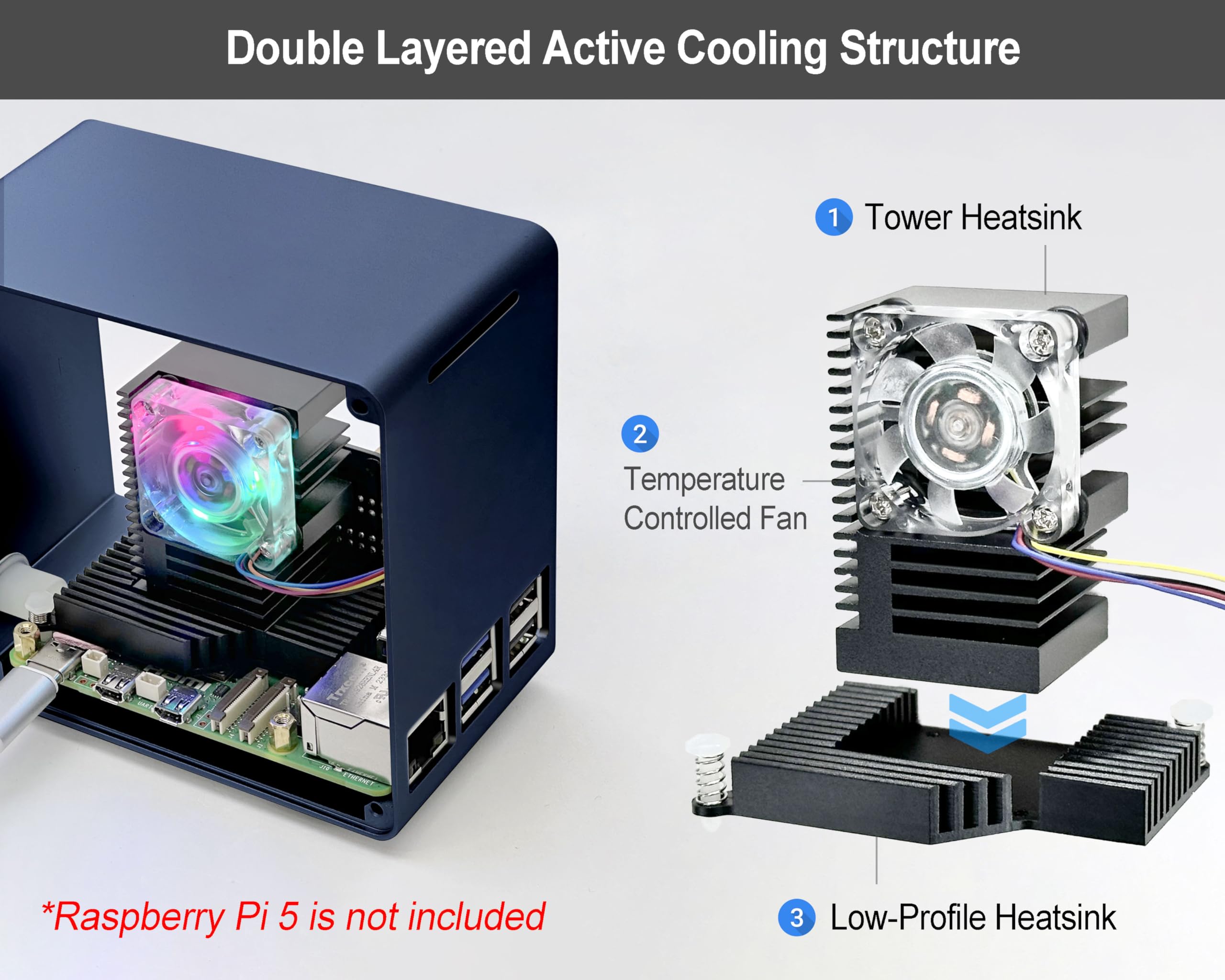 ElectroCookie Boîtier pour Raspberry Pi 5, mini tour en aluminium avec ventilateur de refroidissement et lumière ambiante changeante de couleur (bleu)
