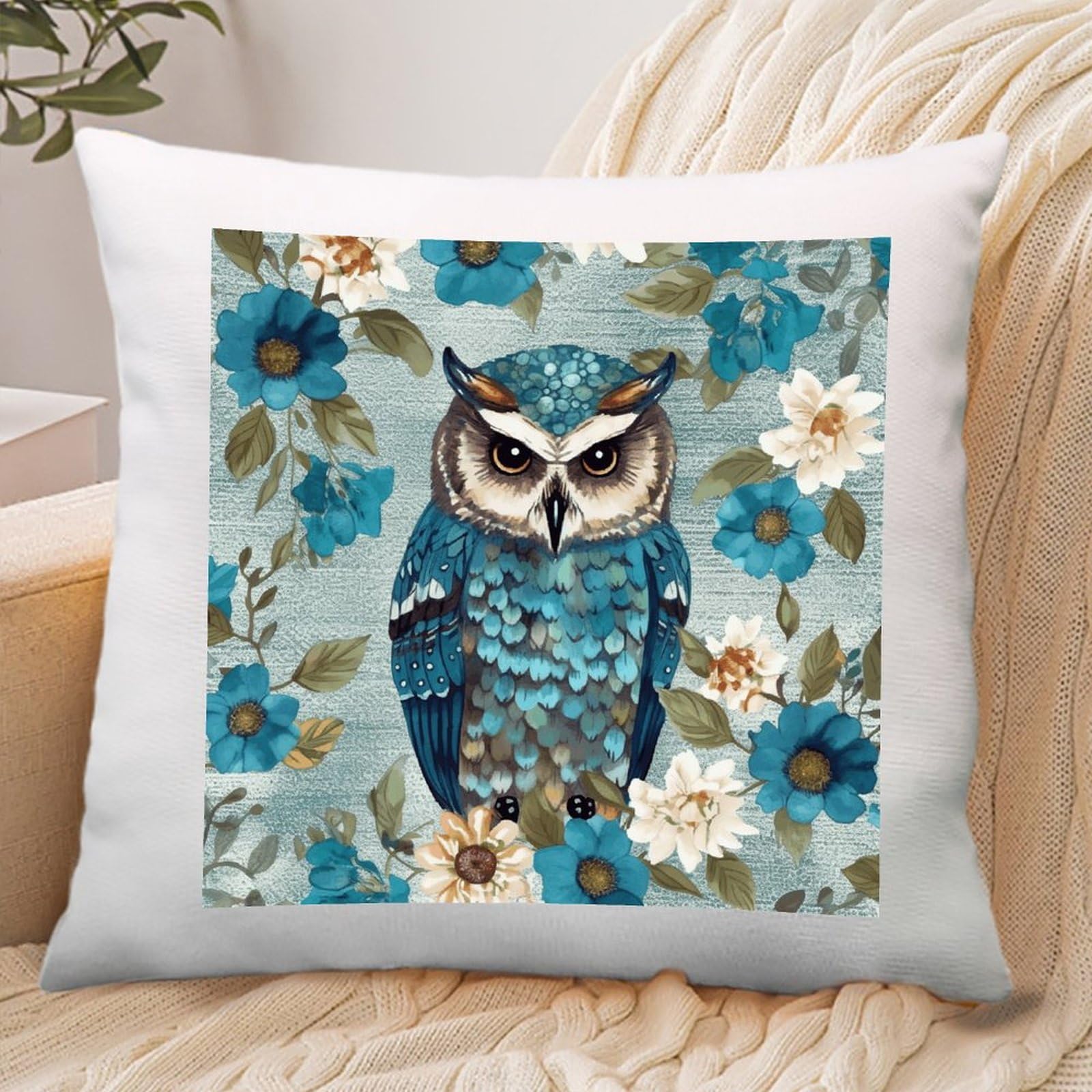 VstaDank Owl Spring Flowers Turquoise Throw Pillow Covers Square Cushion Cases with Zipper Soft Cotton and Linen Pillowcase Luxury Cozy Pillows Shams Lumbar Pillow Shells for All Seasons