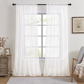 GYROHOME Floral Lace Sheer Curtains, Boho Vintage Style Textured Rod Pocket Light Filtering Voile Drapes for Bedroom,2 Panels, White, 90x90inch