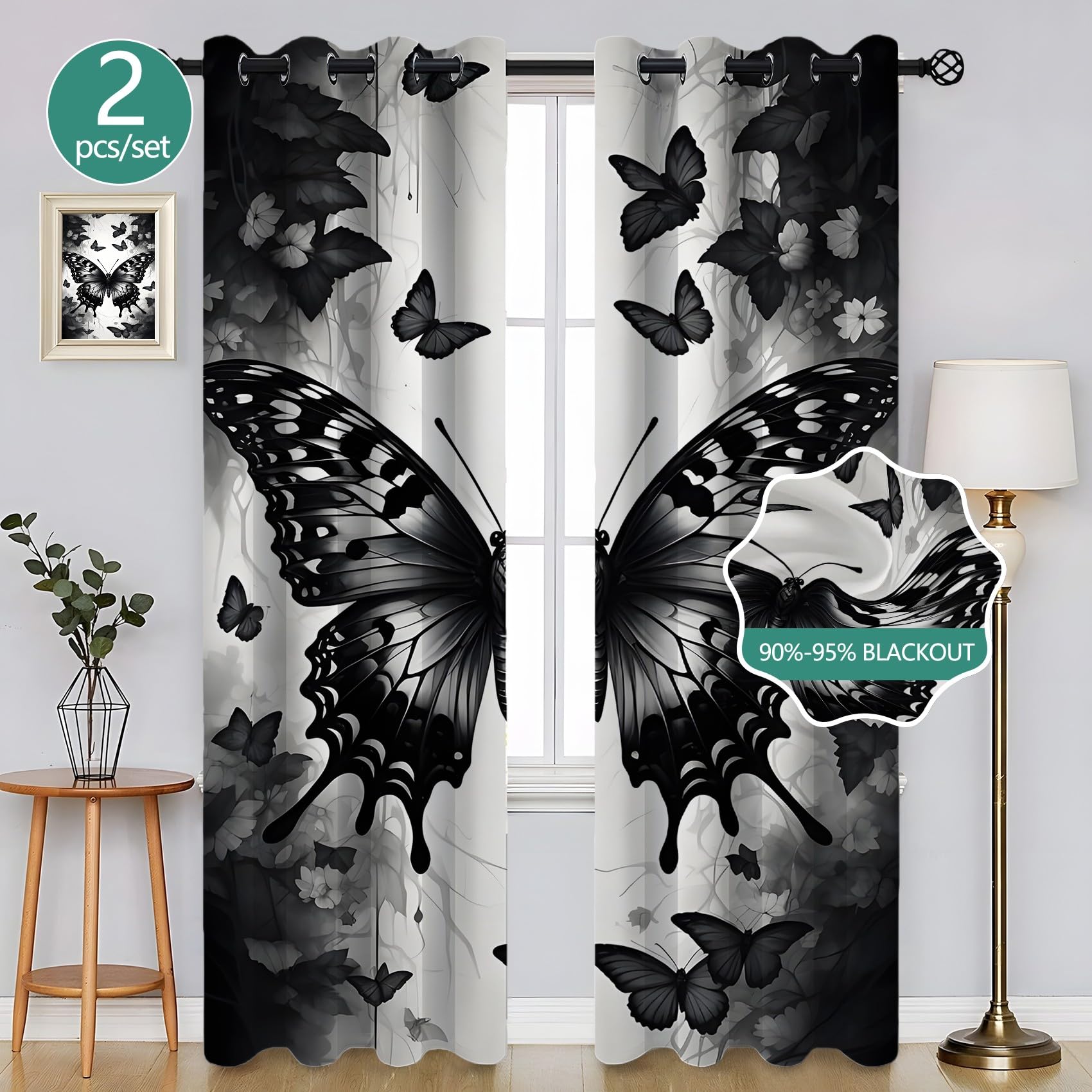 Generisch Vorhang Schwarzes Seebett Blickdichte Vorhänge, Graue Blumen Verdunklungsvorhänge Gardinen Thermo Vorhänge Blackout Curtain für Schlafzimmer Wohnzimmer H215 x B110 cm (2er Pack) SA779