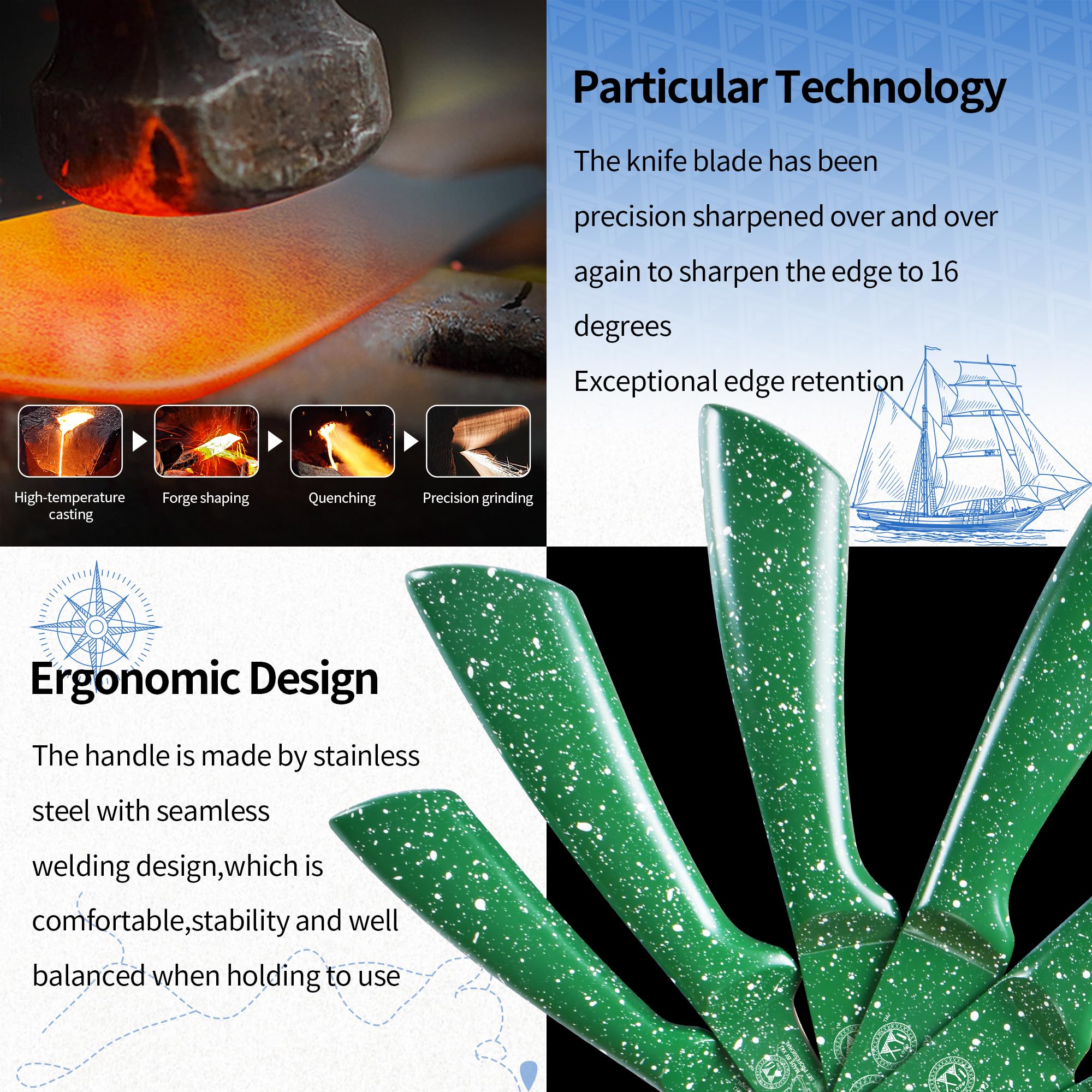 XYJ Authentic Since 1986 - Set di coltelli da cucina in acciaio inox con portacoltelli, manico verde, coltelli da cucina giapponesi, coltello da bistecca, coltello trinciante, coltello da pane