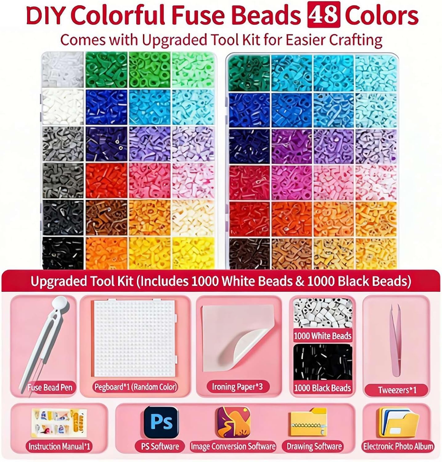 48-Color Collage Beads Set | Pixel Art Fuse Kit with Pegboard & Tools | DIY Mosaic Craft Supplies for Kids | 2000+ Extra Black & White Beads