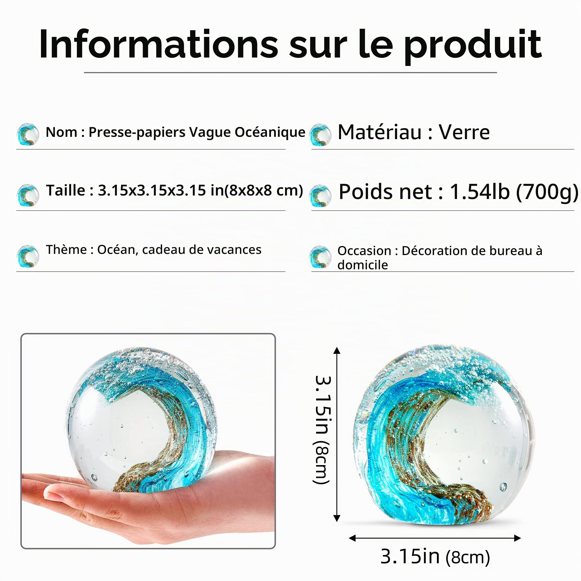 Figurines en verre soufflé à la main, motif vagues de l'océan, presse-papier de bureau pour bureau, décoration d'intérieur, décoration d'aquarium, décoration de bureau pour les amateurs de l'océan