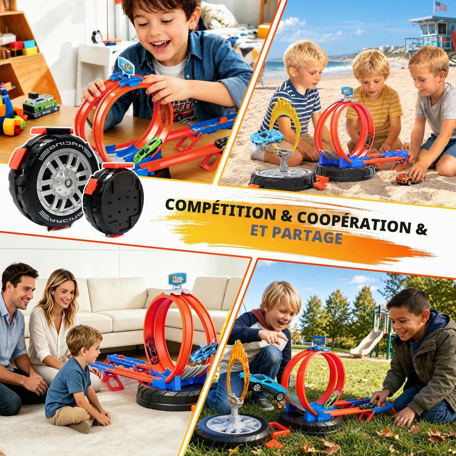 Circuit De Course pour Enfants Comprend 6 Petites Voitures, 2 Rampes Et 1 Boîte De Rangement pour Les Pneus. Convient Aux Filles Et Aux Garçons De 3 À 6 Ans