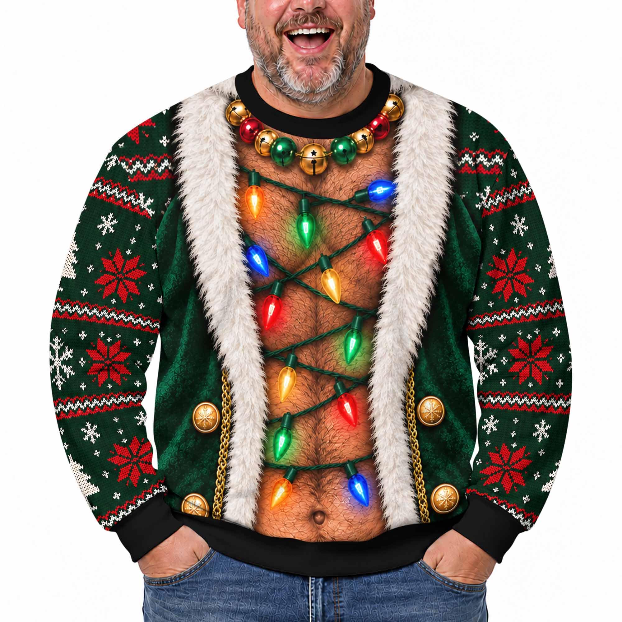 Artsadd Unisex Ugly Christmas Sweater for Men Women 3D Funny Hairy Chest Print Novelty Pullover Long Sleeve Xmas Sweatshirts XX-Large N-08
