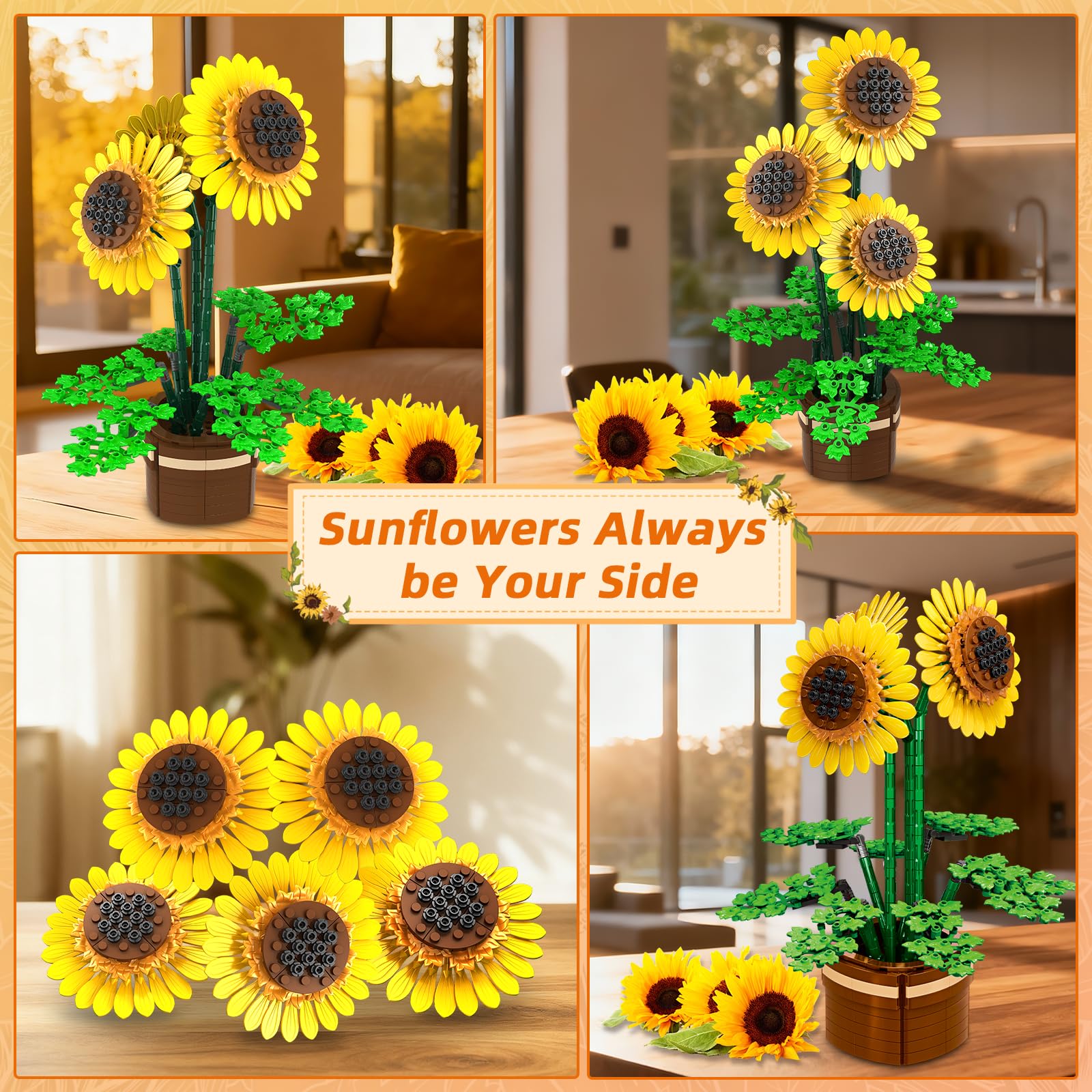 kiothdre Set Construcción Girasoles Flores con Jarrón, Kit Colección Botanical para Adultos, Ramo de Girasoles 739 Piezas, Regalo de Cumpleaños para Mujeres Adultas