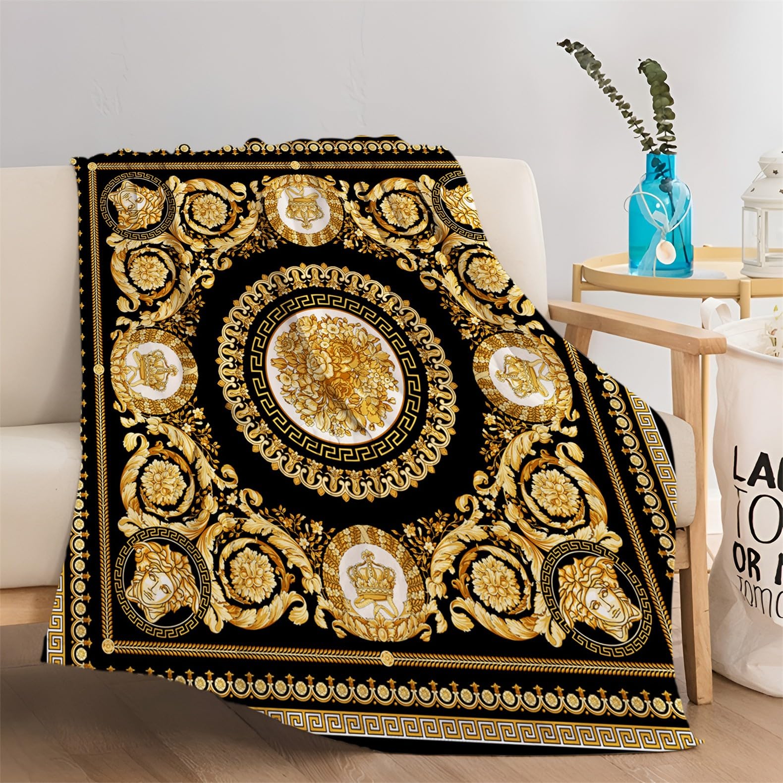 Kuscheldecke Goldenes Retro-Muster Flauschig Fleecedecke als Sofadecke Couchdecke Wohndecke Weiche & Warme Sofaüberwurf Decke 180 x 200 cm