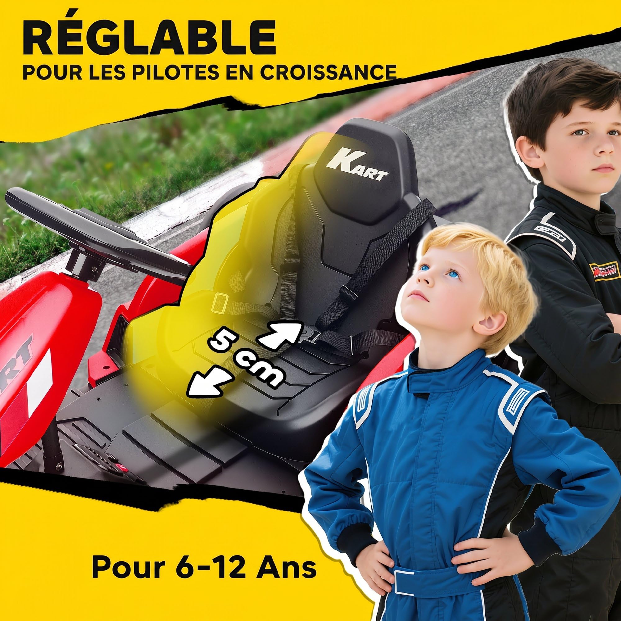 AIYAPLAY, Kart Électrique pour Enfants 24 V, Go Kart, Mode Drift, Rouge | Batterie 24V, Siège Réglable, Moteur 2x150W, Démarrage Progressif, Vitesses 6-18km/h, Harnais de Sécurité, Musique, 6-12 ans