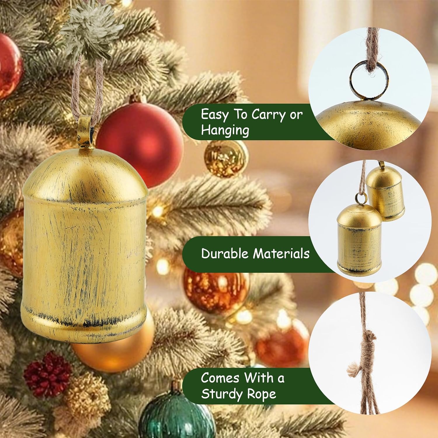 Condition photo showing New/Like New for christmas bells for decoration,vintage iron bells with jute rope for hanging,handmade rustic cow bell,christmas decor set of 3 different sizes 1 cone-x1