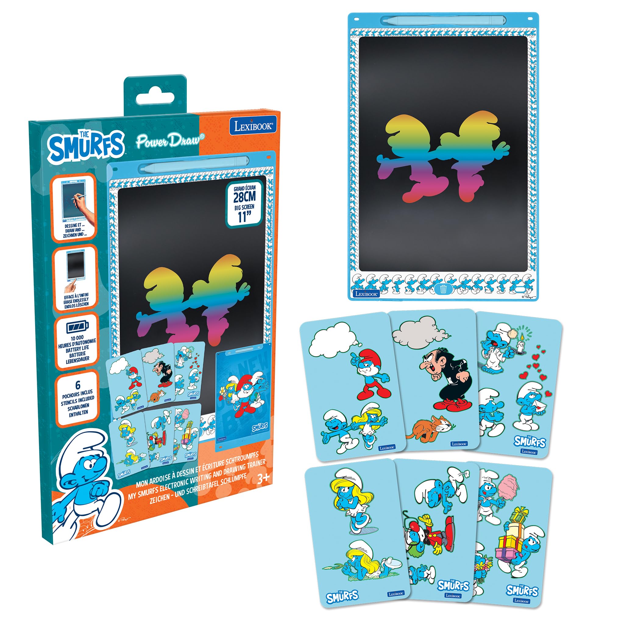LEXIBOOK, The Smurfs, Magic Slate, Artistic and creative toy for girls and boys, Multicoloured drawings, 28 cm screen, Includes 1 stylus and 6 stencils, Blue, CRT10SF