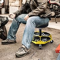 Vista 9 de Goplus Taburete de Mecánico, Silla de Garaje con Ruedas con Altura Ajustable de 16"-22", Bandeja Magnética Extraíble para Herramientas, Cojín