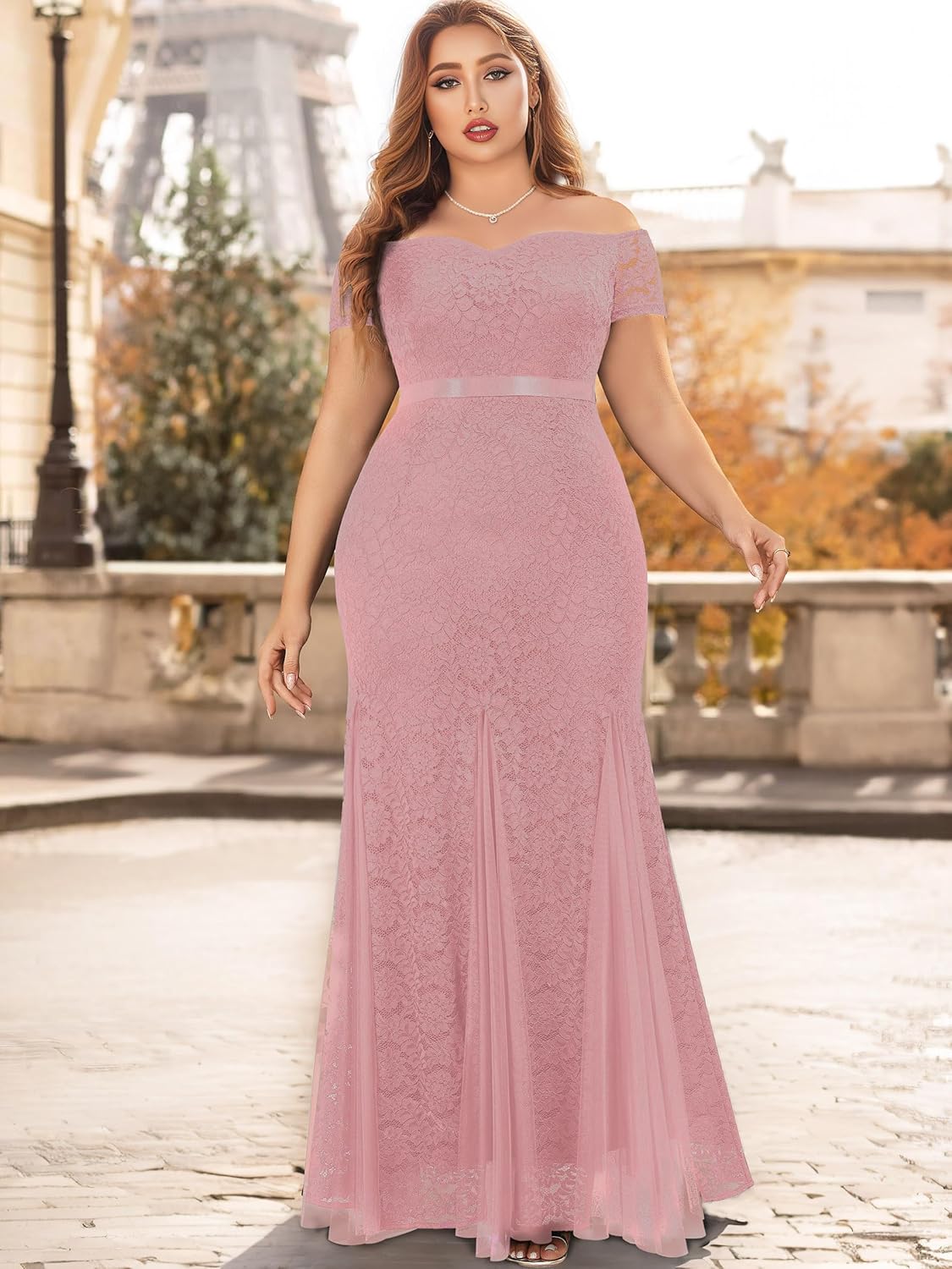 Miusol Women's Plus Size Formal Off Shoulder Vintage Floral Lace Mermaid Maxi Evening Party Dress - Image 3