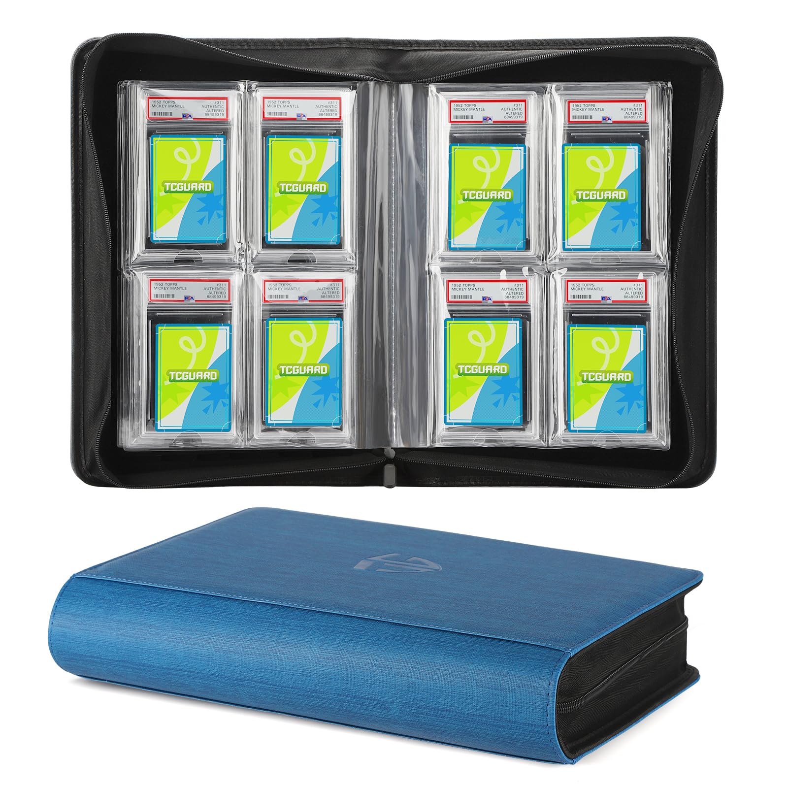 TCGUARD Fundas de cartón graduadas para tarjetas en formato PSA y similares con fundas, con capacidad para 32 tarjetas PSA, carpeta de colección premium de 4 fundas para tarjetas, azul