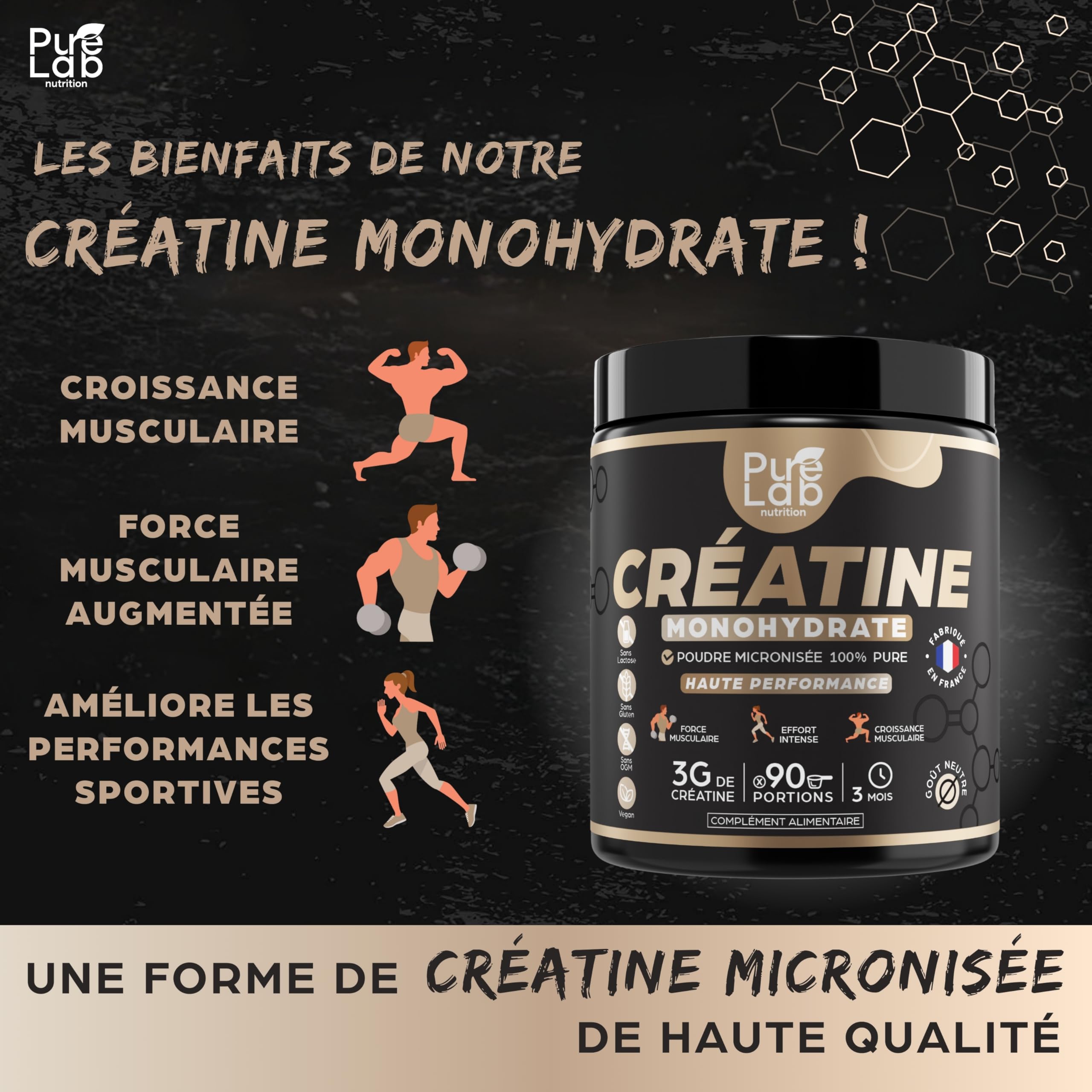 Créatine monohydrate poudre 100% pure de qualité micronisée - 90 portions - Haute Absorption - Performance, Force, Masse Musculaire et Efforts Intenses - 100% vegan