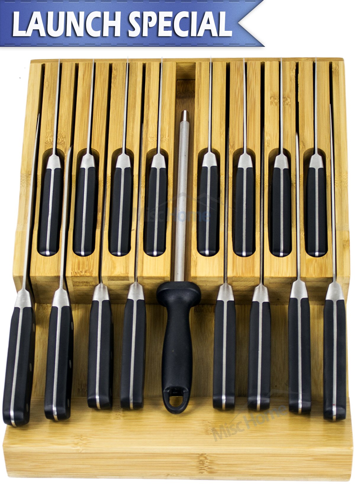 [PREMIUM DELUX] In-Drawer Bamboo Knife Block Holds 16 Knives + Sharpener (not included) Knife Drawer Organizer Insert – Eco-Friendly Bamboo Drawer Organizer 100% Natural Knife Block Drawer