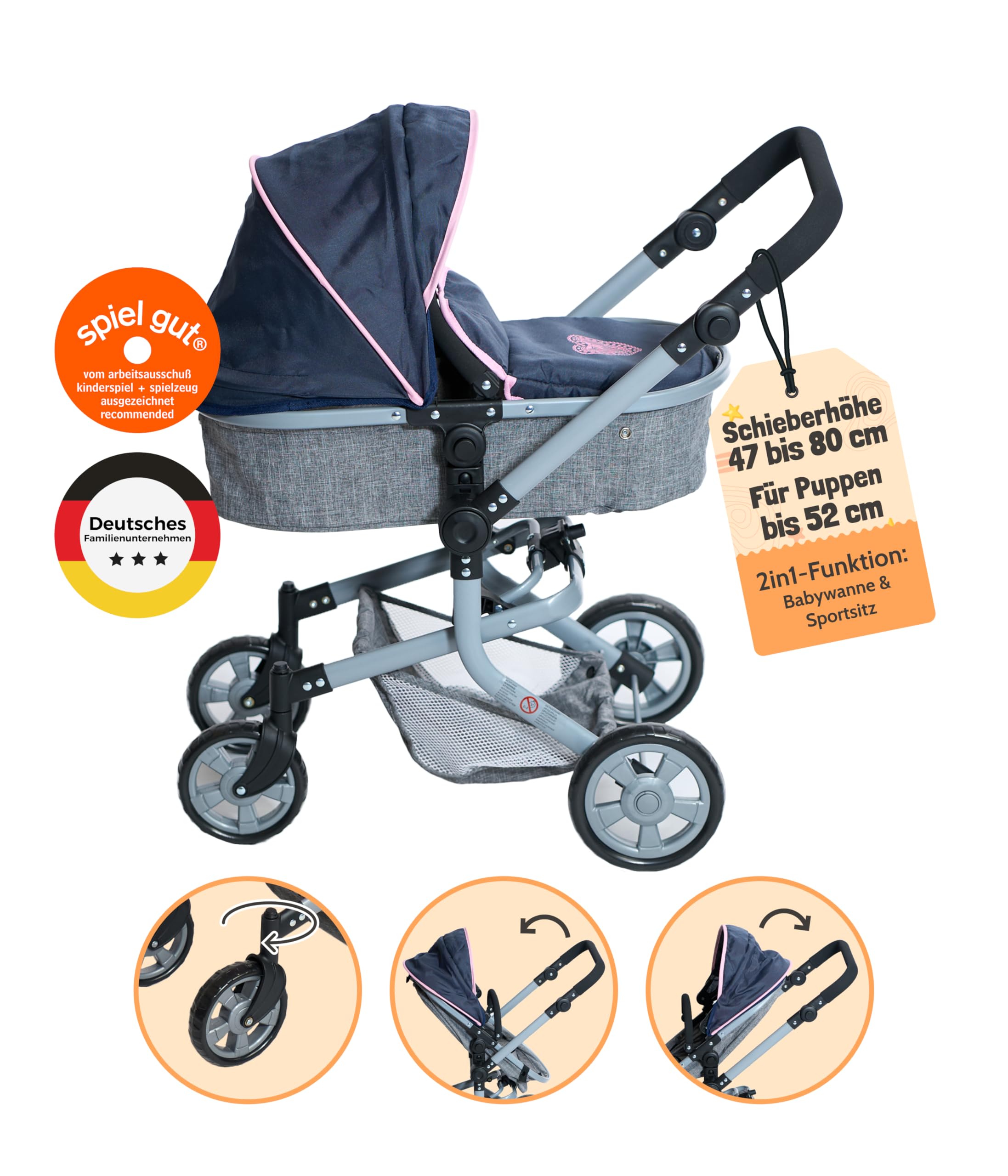 Bayer Chic 2000 - Passeggino per bambole Mika, passeggino combinato 2 in 1 per bambini dai 4 agli 8 anni, passeggino per bambole fino a 52 cm, orsetto, rosa, 73 x 41 x 82 cm
