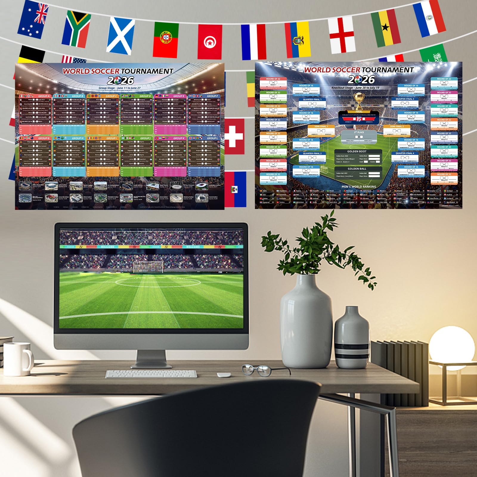 AhfuLife 2 Pcs World Cup Schedule Poster 2026 & 48 Countries String Flag Banner Set for Party Decorations, 23.3" x 16.5" World Cup Match 2026 Calendar and Fabric String Flags for Fans Home Bar Decor - 5