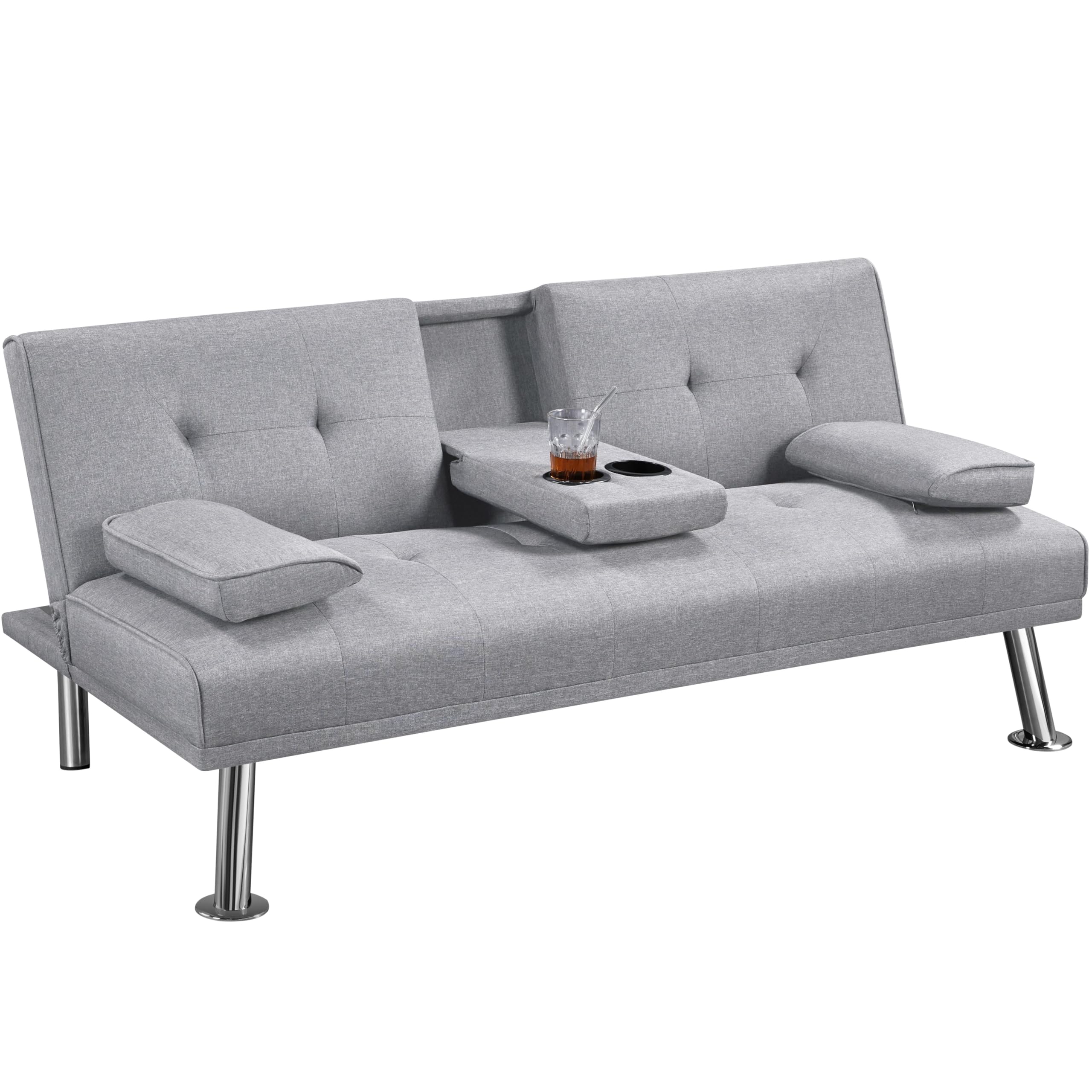 Yaheetech Sofá Cama de 2 Plazas Cama Plegable Tapizada de Poliéster Sofá con Soporte de Botella Cama 167 X94 cm MAX Capacidad 350 KG Cama Doble Gris